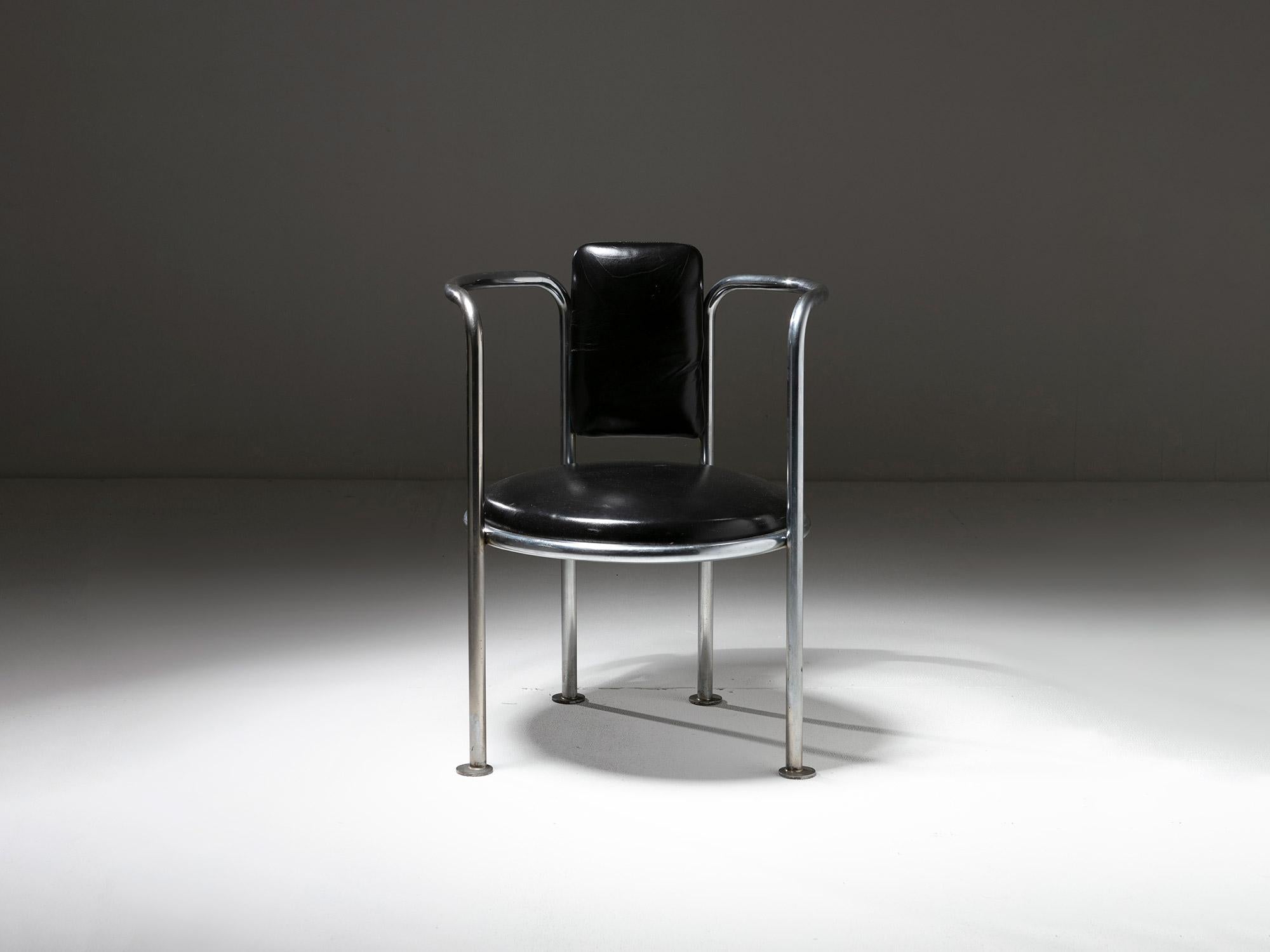 10 Chrome Black Leather Armchairs in the style of Gae Aulenti Poltronova, 1960s In Fair Condition For Sale In Milan, IT