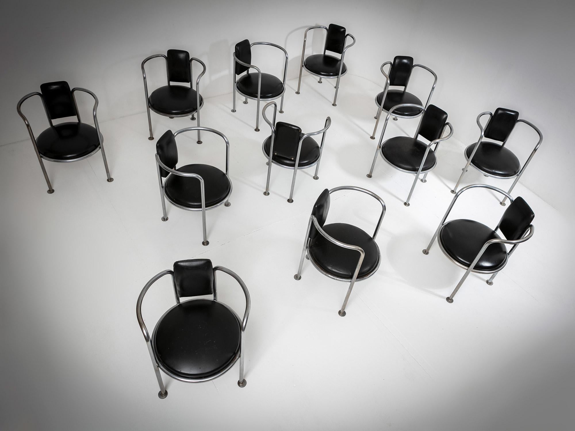 Metal 10 Chrome Black Leather Armchairs in the style of Gae Aulenti Poltronova, 1960s For Sale