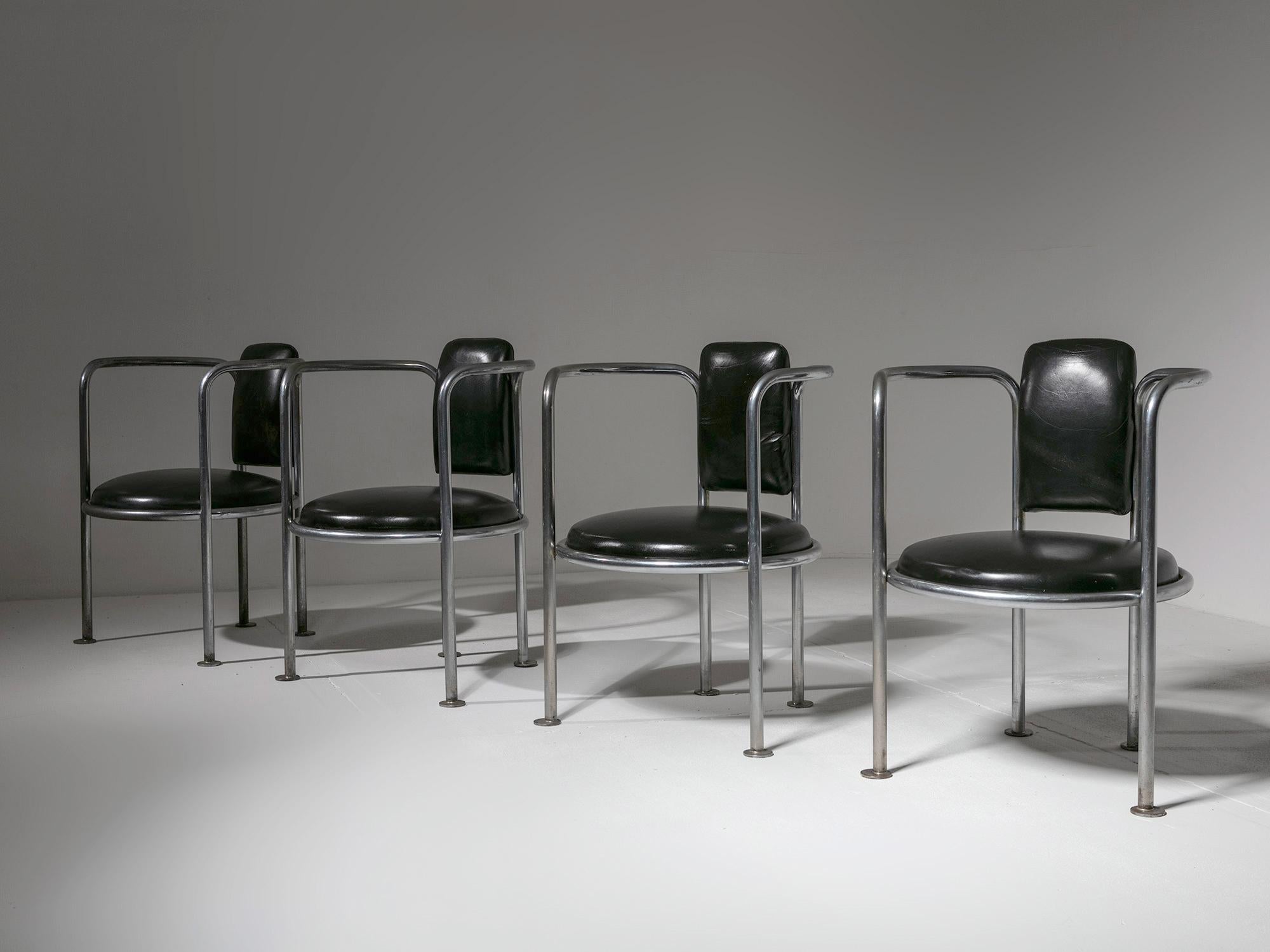 10 Chrome Black Leather Armchairs in the style of Gae Aulenti Poltronova, 1960s For Sale 1
