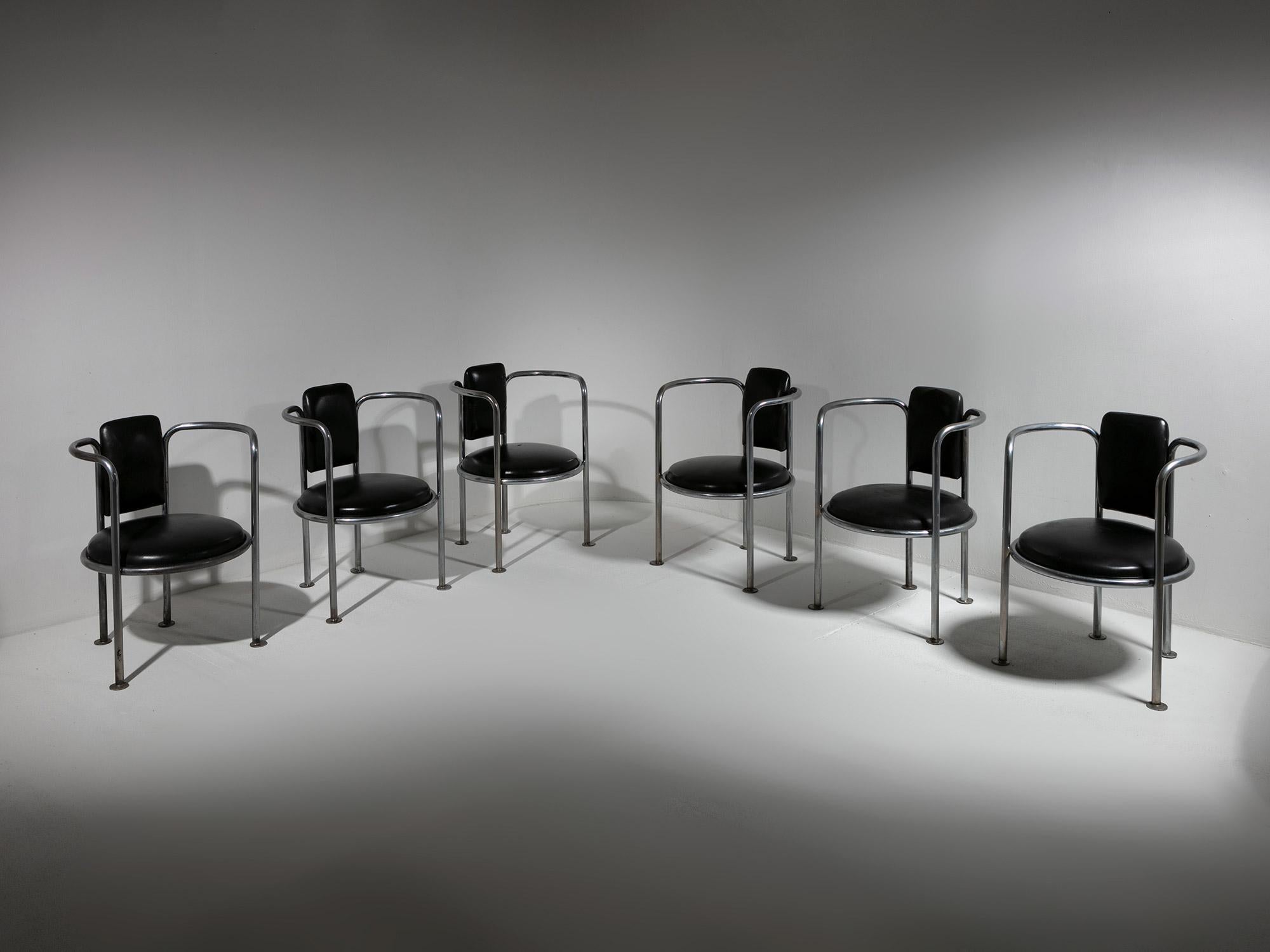 10 Chrome Black Leather Armchairs in the style of Gae Aulenti Poltronova, 1960s For Sale 2