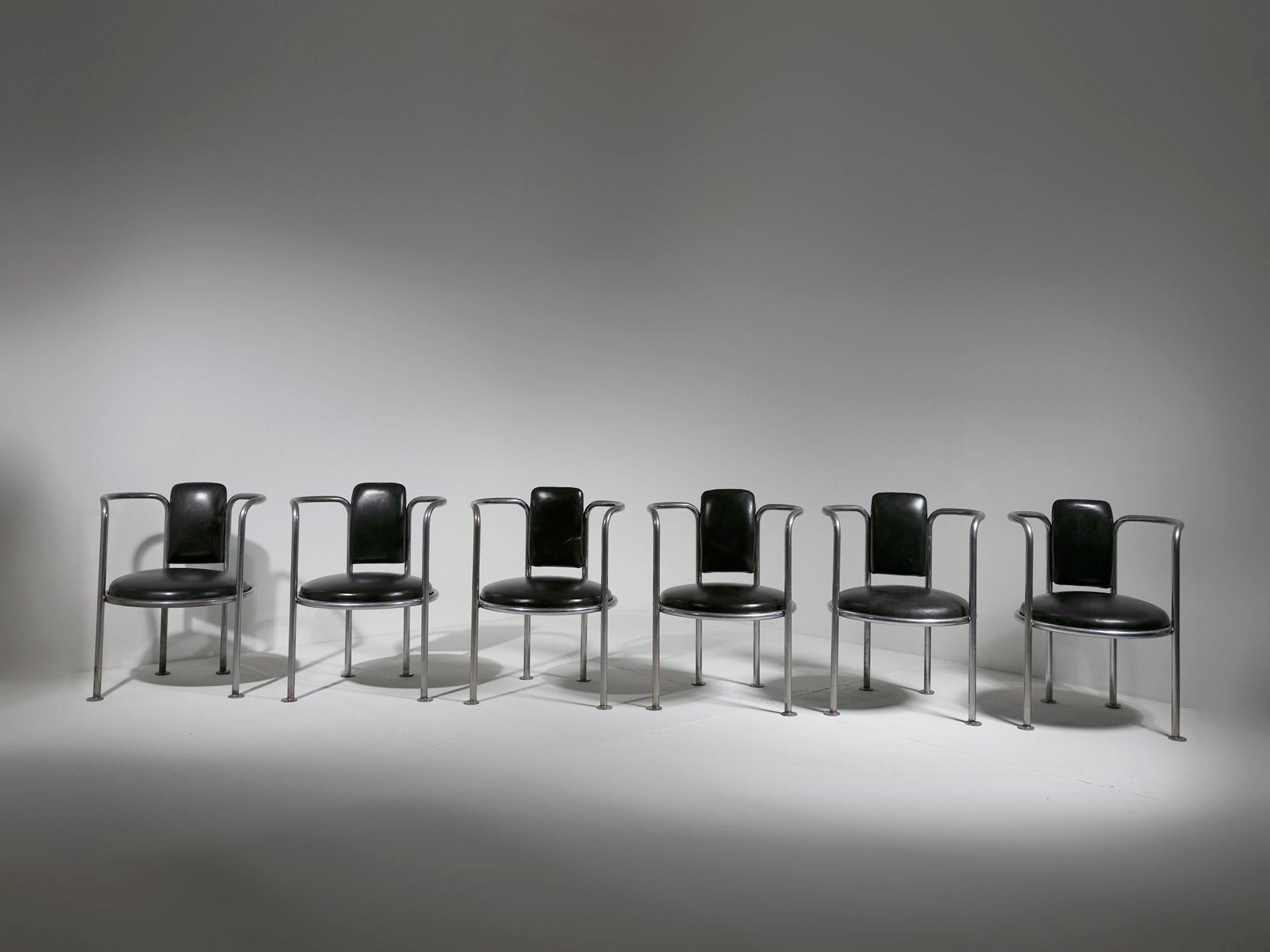 10 Chrome Black Leather Armchairs in the style of Gae Aulenti Poltronova, 1960s For Sale 3