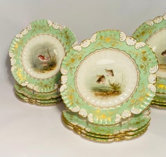 12 Coalport England Antique Fish Plates, Green Collars Hand Painted Artist Sign