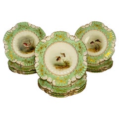 12 Coalport England Antique Fish Plates, Green Collars Hand Painted Artist Sign