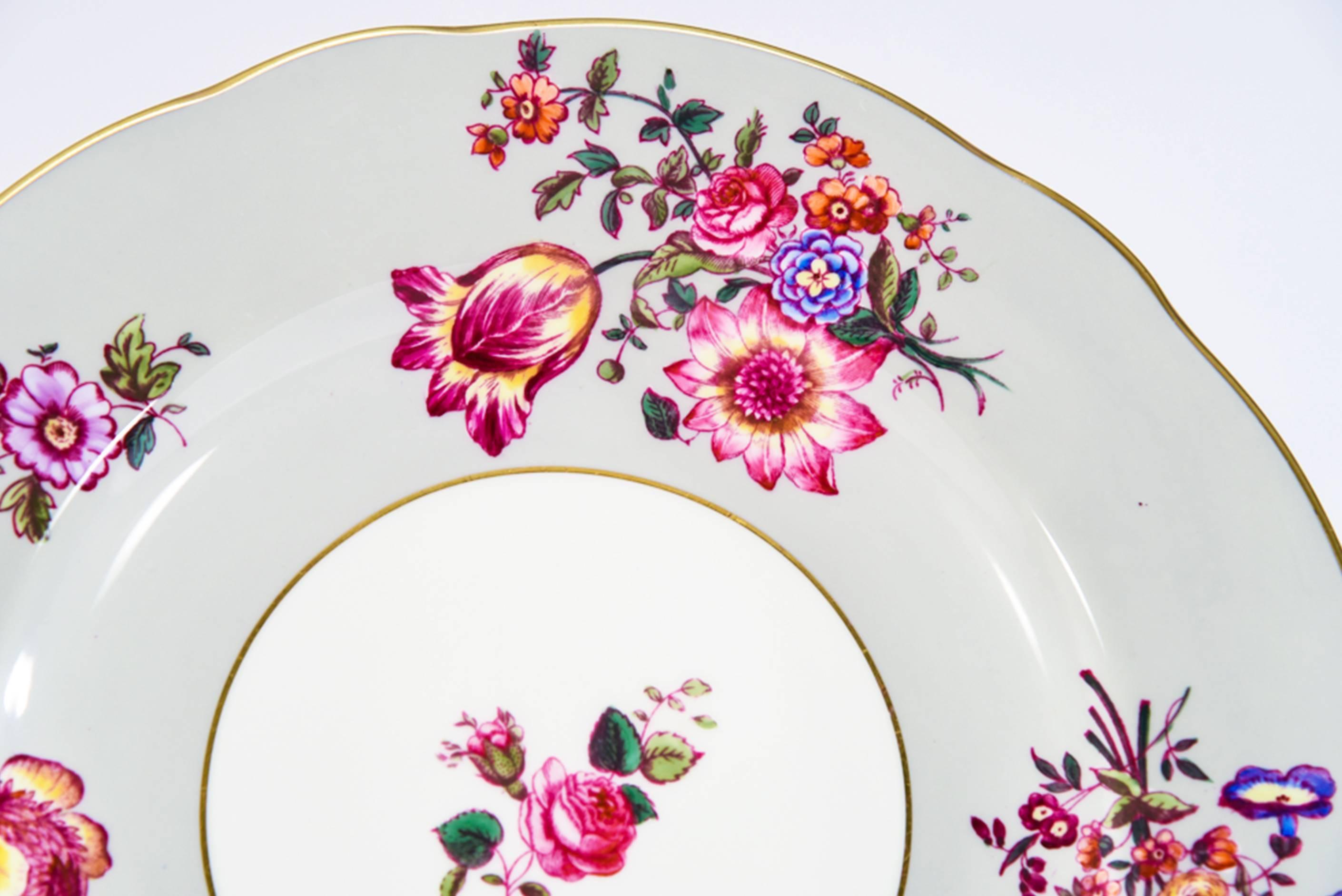 English 12 Coalport Grey and Polychrome Enamel Floral Shaped Rim Dinner Service Plates For Sale