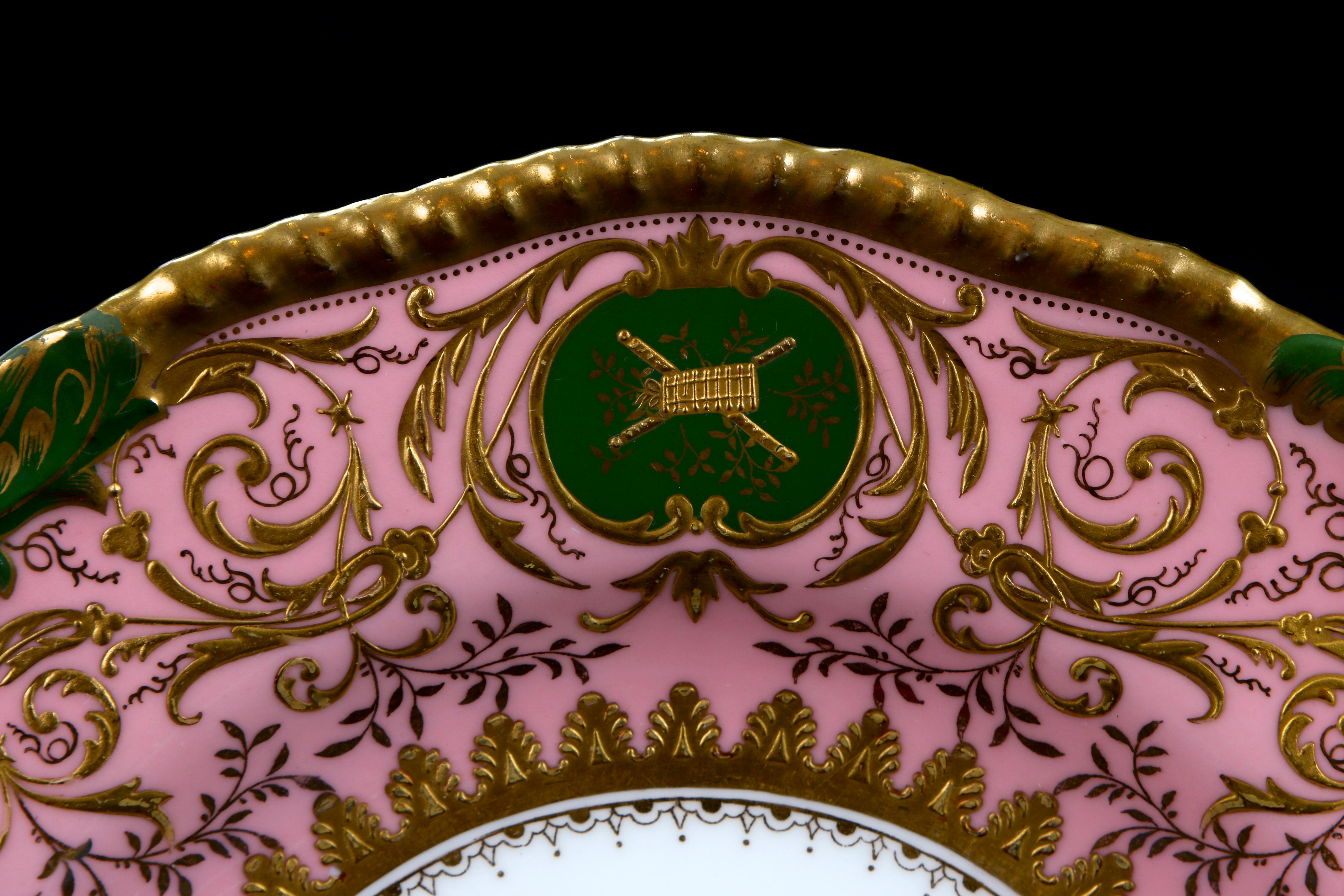 English 12 Coalport Pink and Green Heavily Gilded Plates Featuring Musical Instruments