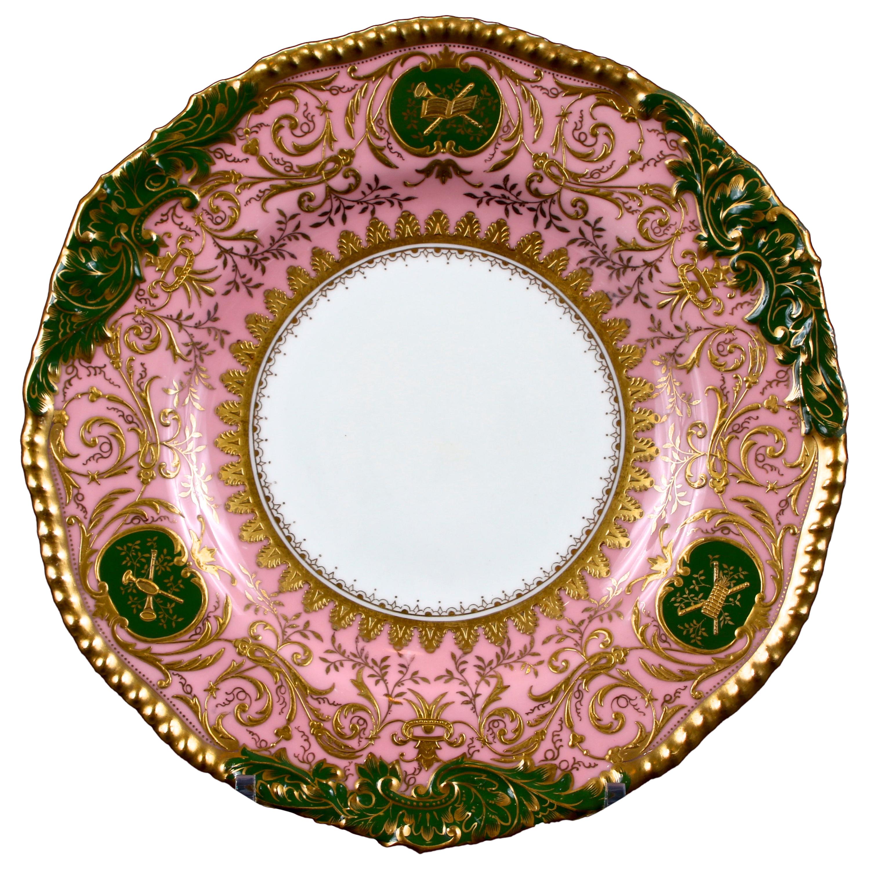 12 Coalport Pink and Green Heavily Gilded Plates Featuring Musical Instruments