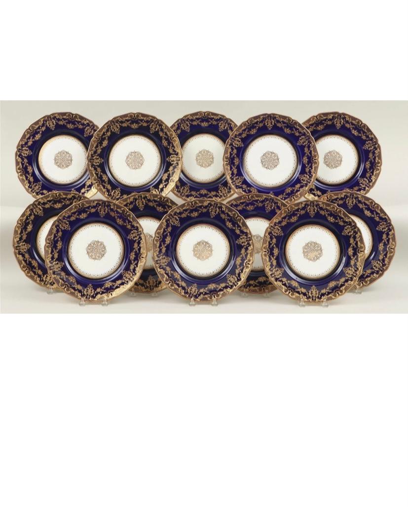 Edwardian 12 Cobalt Blue Gilt Encrusted Dinner Plates, Antique English, Circa 1910