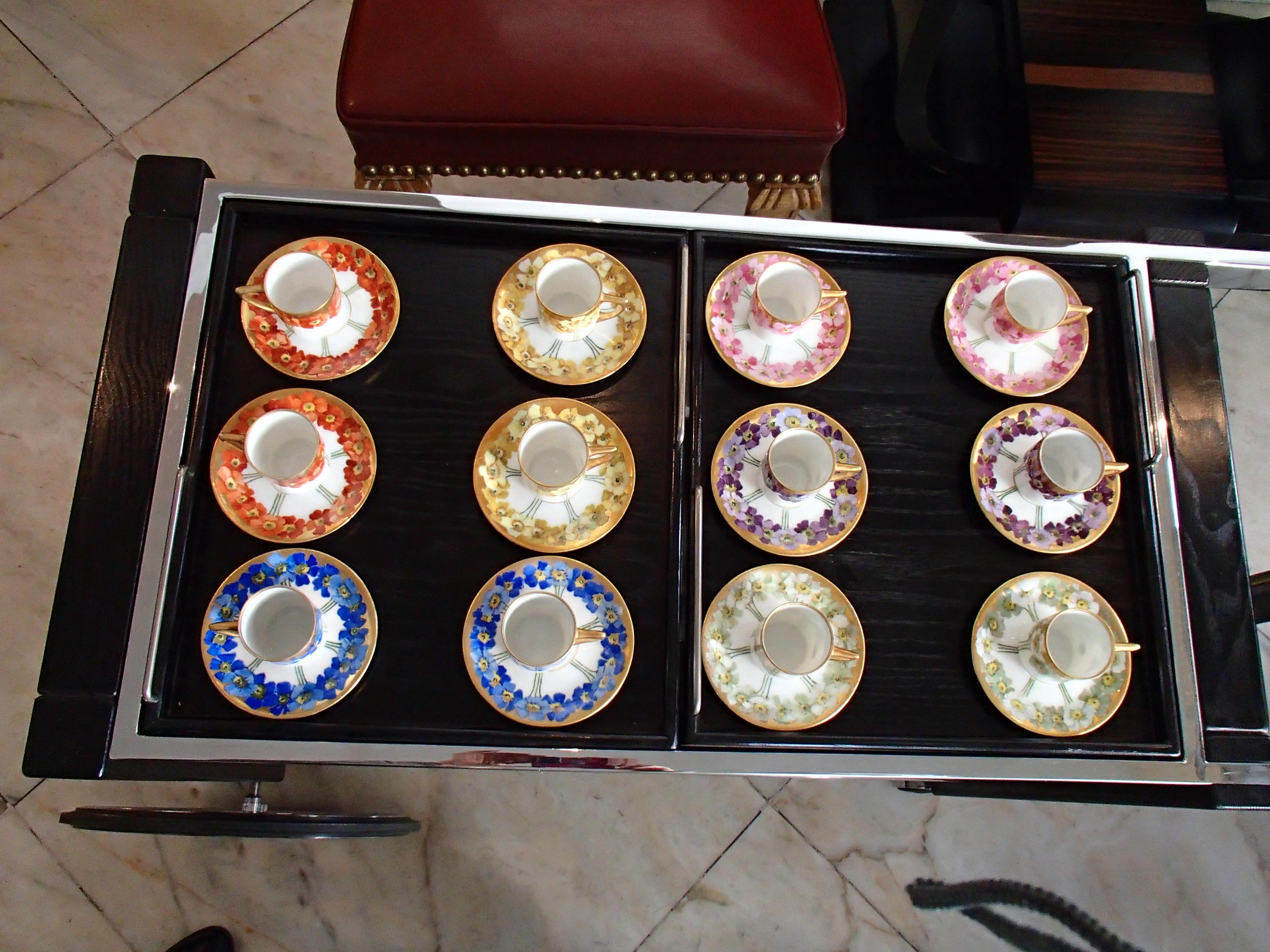 Hand-Painted 12 Colorfull Moccacups with Violets Hutschenreuther Selb Bavaria For Sale
