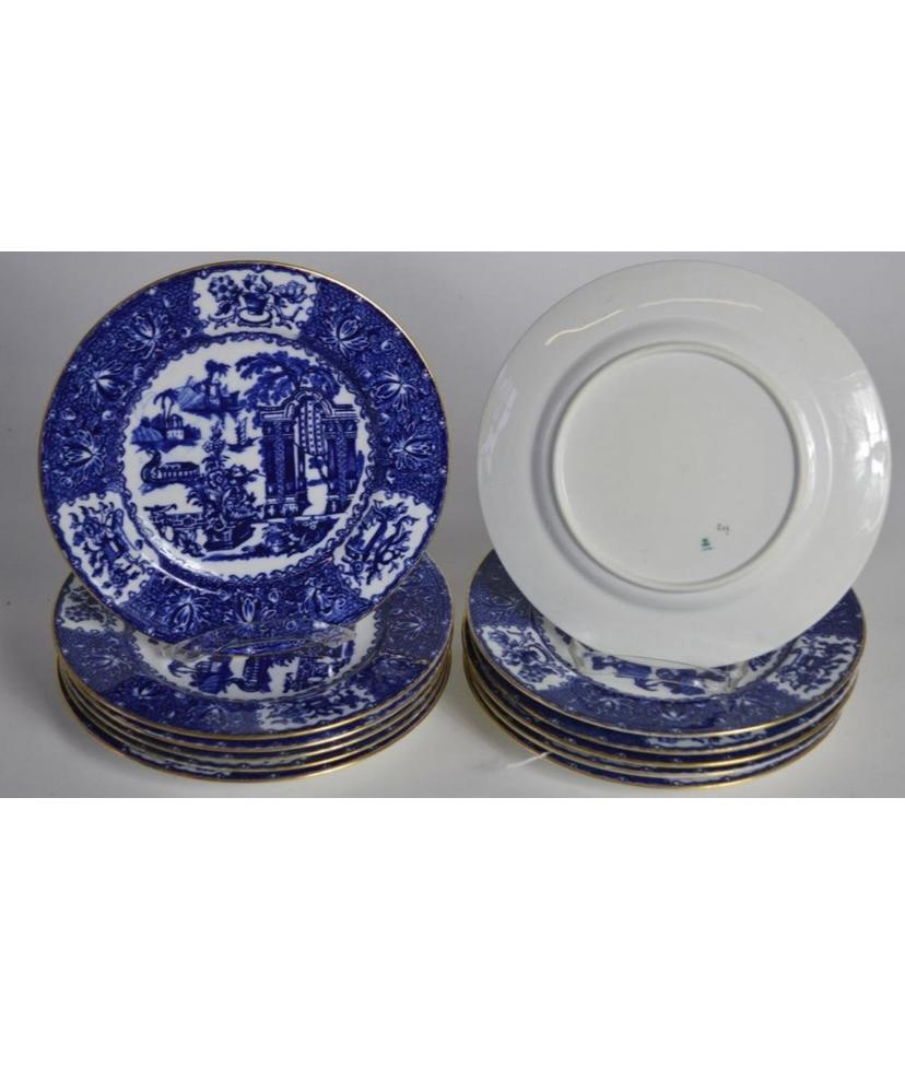 Chinoiseries 12 assiettes en saule bleu de Copeland Spode England, garnies de dorures Circa 1880 en vente