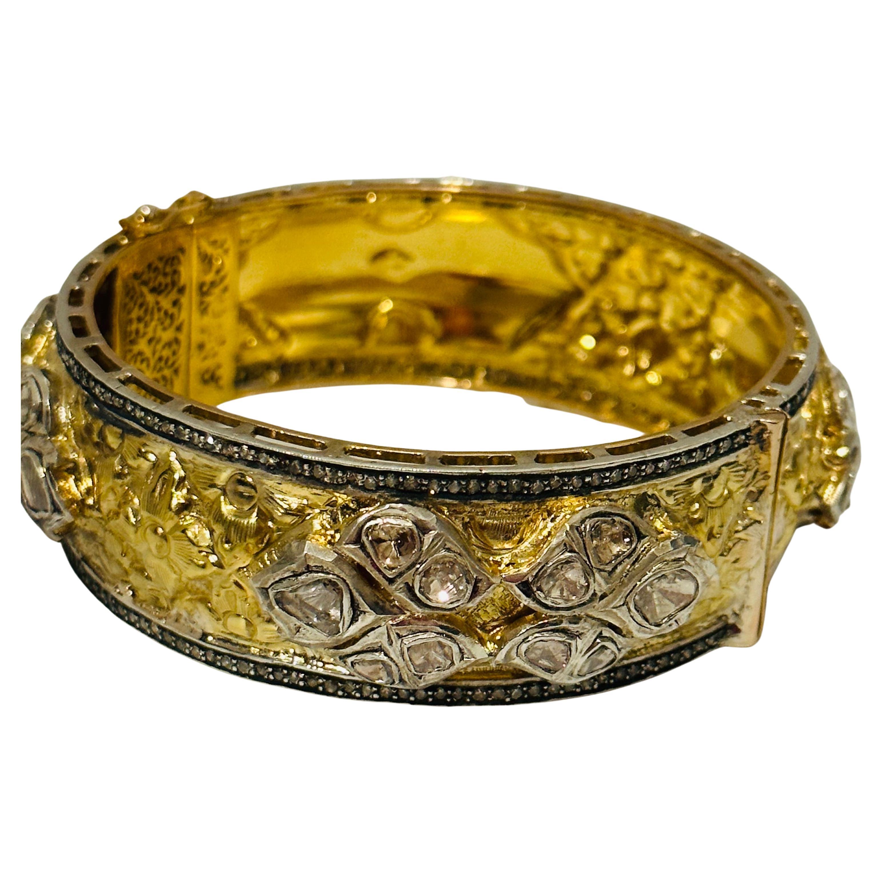 18 Karat Yellow gold & 925 Silver Polki Bangle, Solid Silver &  Gold  Diamond Bangle, Victorian Diamond Handmade Bracelets
It features a bangle style  crafted from an 18k Yellow gold and  Sterling Silver embedded with many  big  polki  diamonds