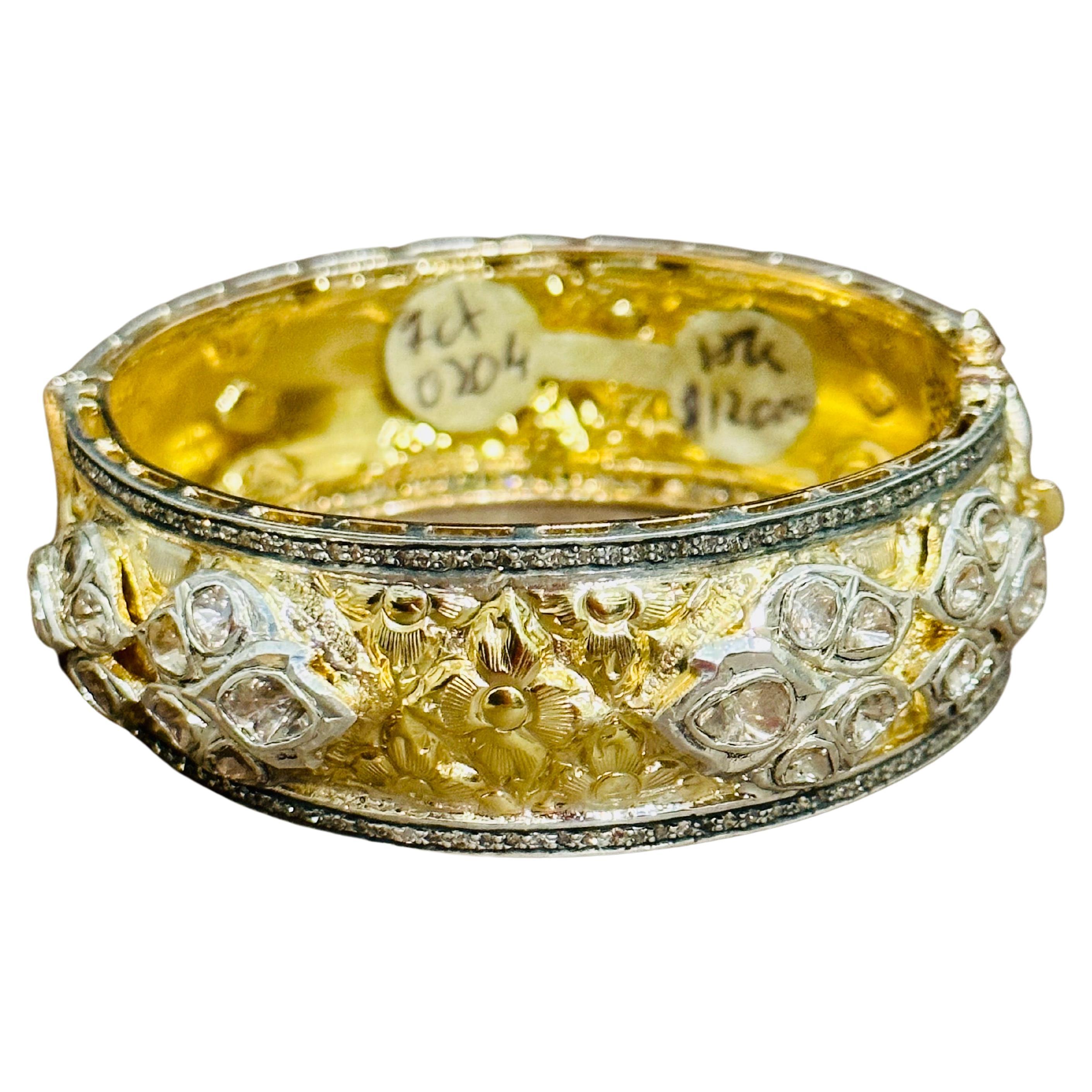 12 Ct Big Diamond Polki Bangle /Bracelet in 18 Kt Yellow Gold & Silver 53 Gm