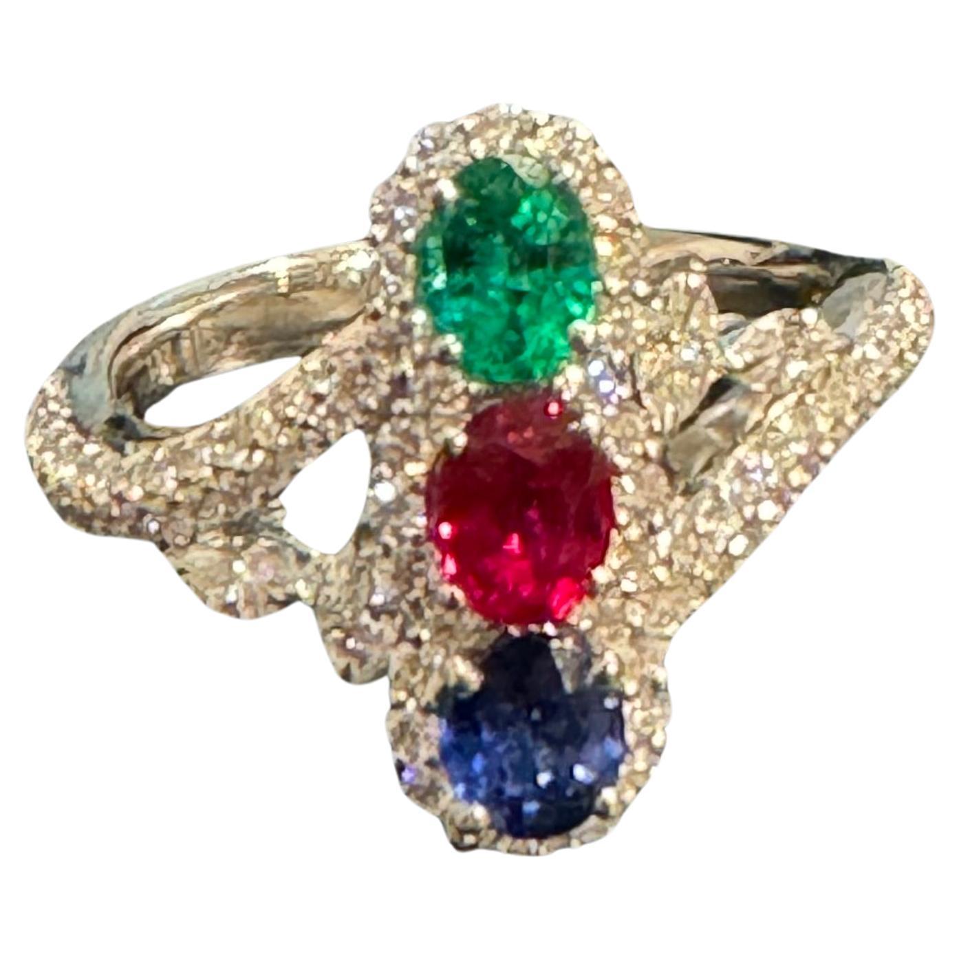 1.2 Ct Fine Natural Emerald Ruby & Sapphire + 1.5 Ct Diamond 18 KWG  Ring S 7 For Sale 7