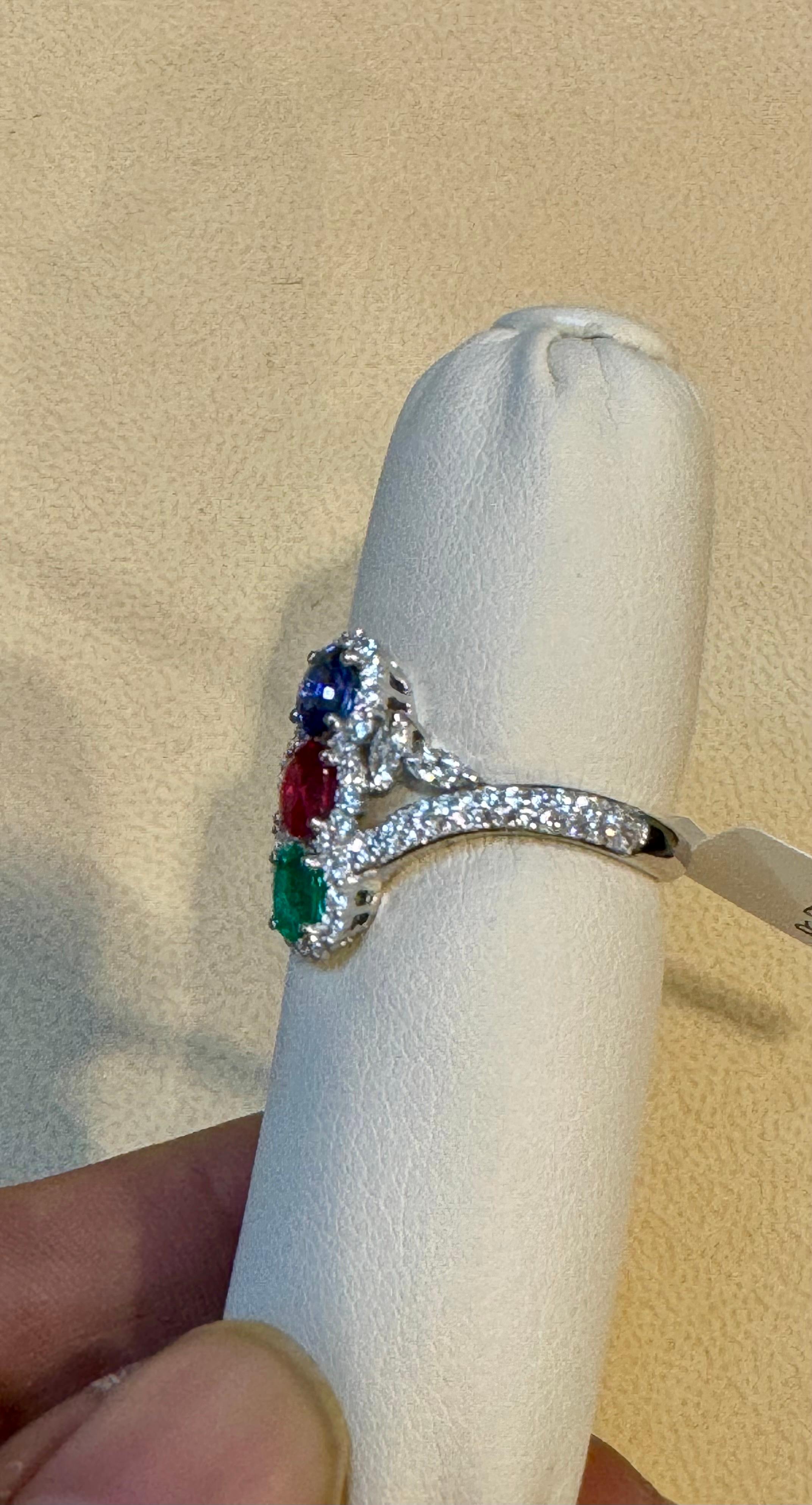 1.2 Ct Fine Natural Emerald Ruby & Sapphire + 1.5 Ct Diamond 18 KWG  Ring S 7 For Sale 2