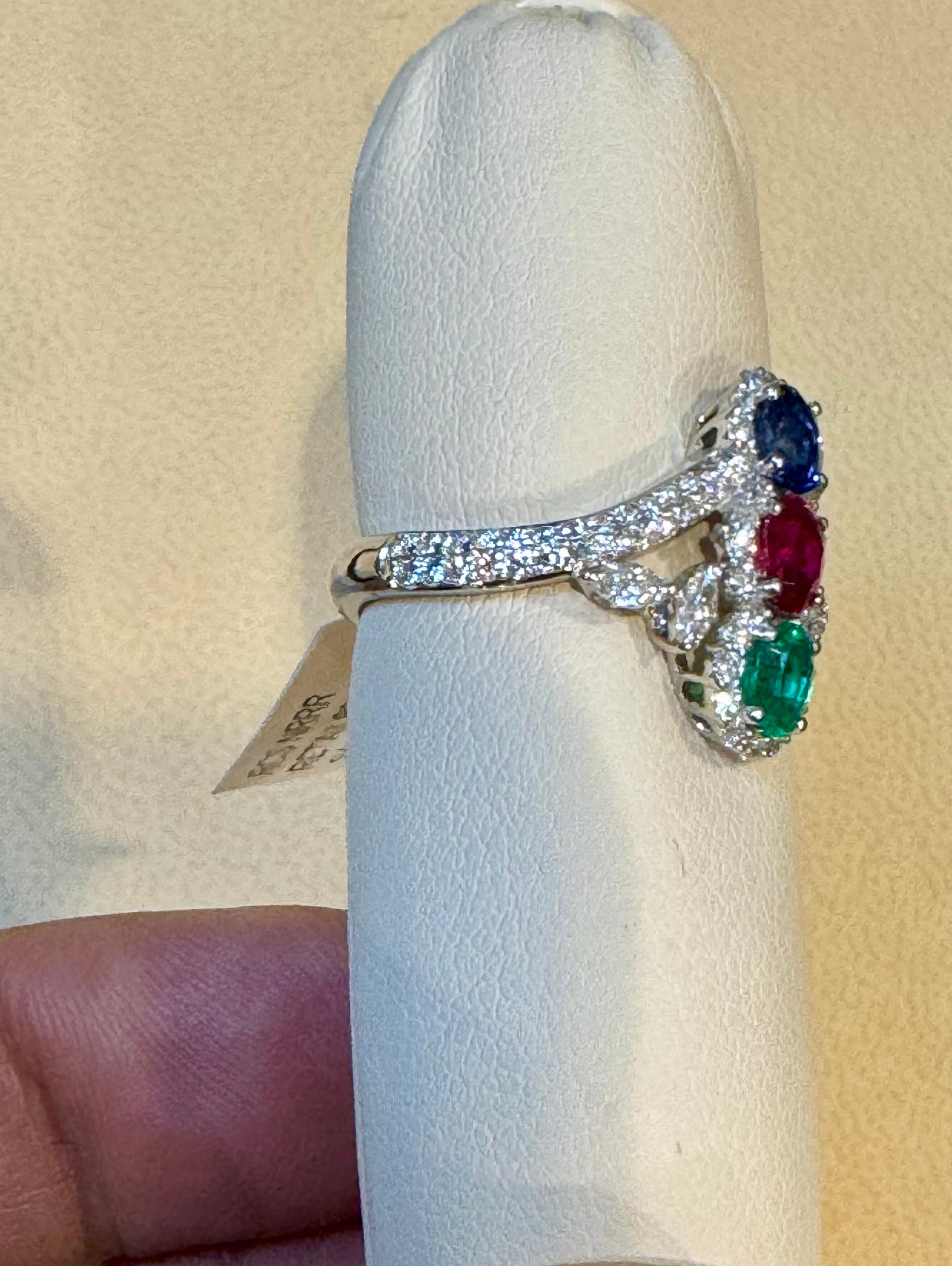 1.2 Ct Fine Natural Emerald Ruby & Sapphire + 1.5 Ct Diamond 18 KWG  Ring S 7 For Sale 3