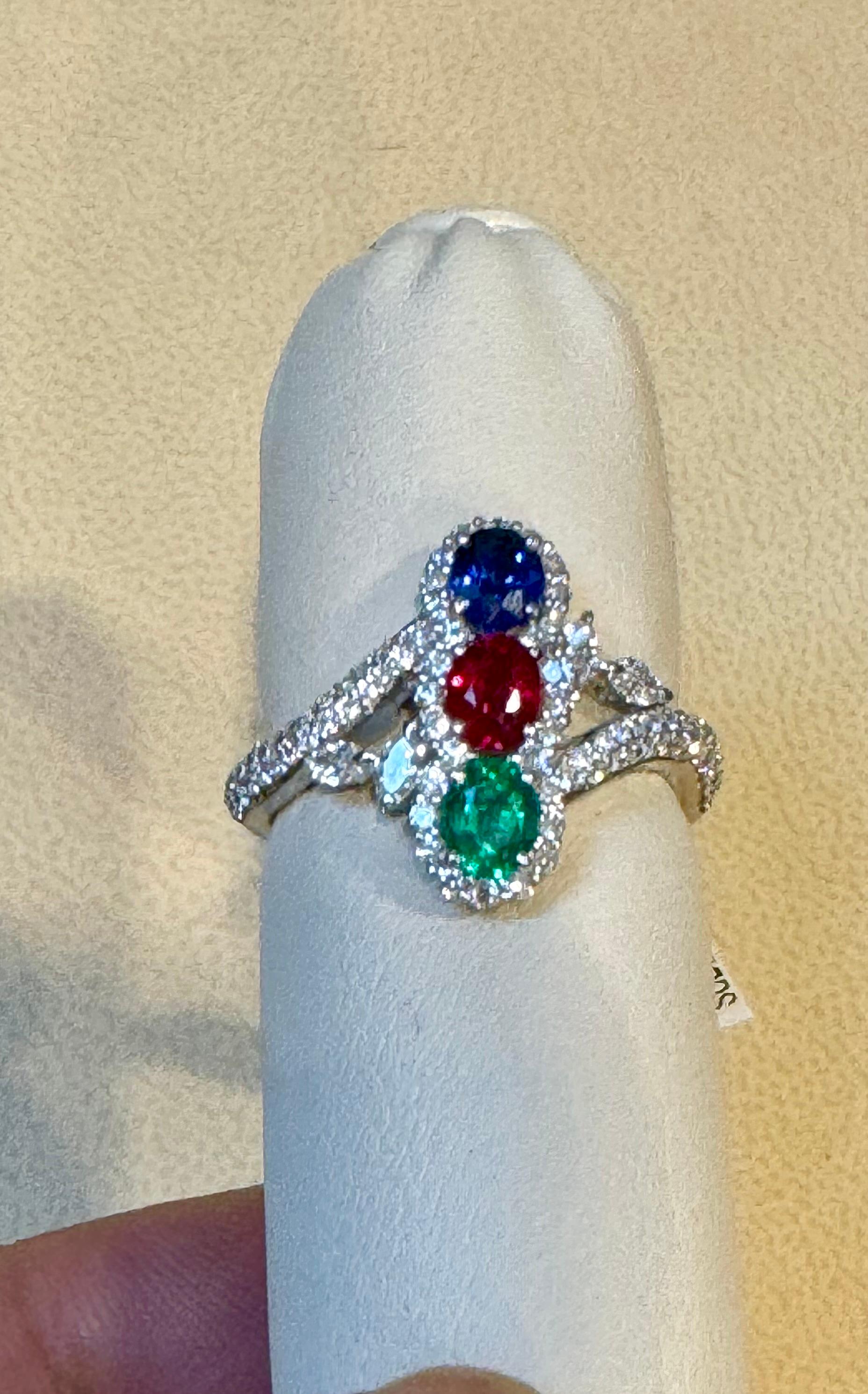1.2 Ct Fine Natural Emerald Ruby & Sapphire + 1.5 Ct Diamond 18 KWG  Ring S 7 For Sale 4