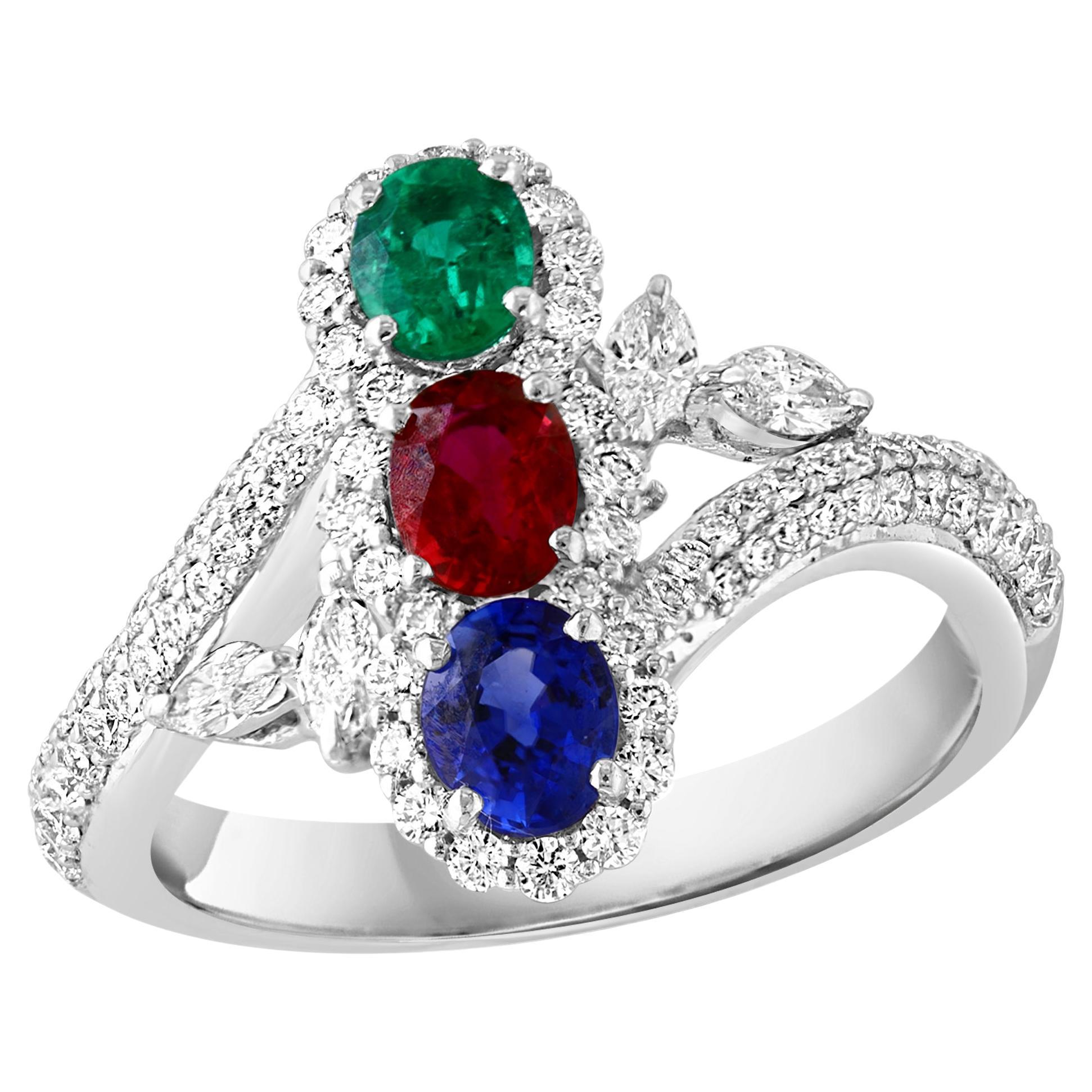 1.2 Ct Fine Natural Emerald Ruby & Sapphire + 1.5 Ct Diamond 18 KWG  Ring S 7