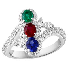 Émeraude naturelle de 1,2 carat, rubis et saphirs + diamants de 1,5 carat 18 carats  Bague S 7