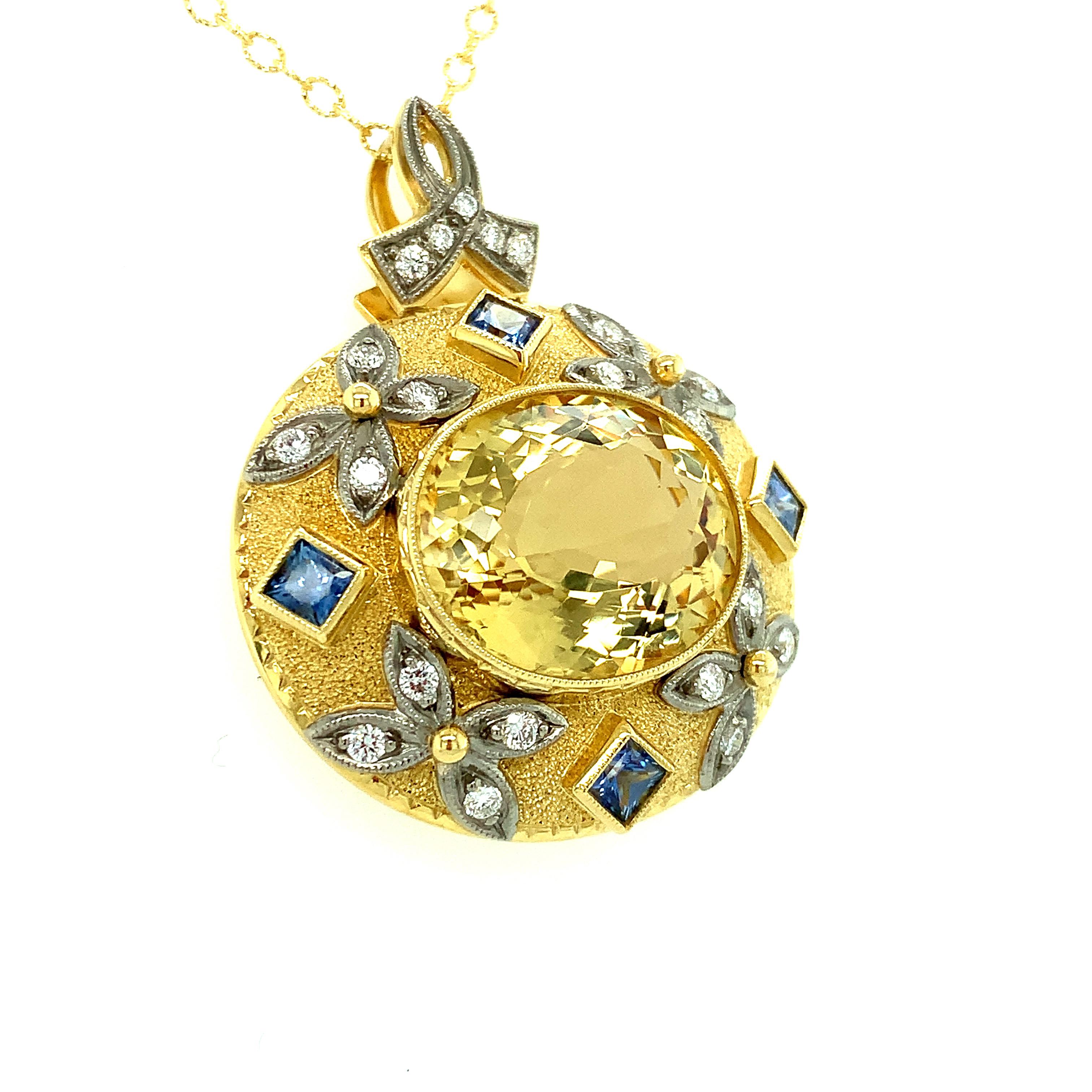 Artisan 12 ct. Golden Chrysoberyl, Blue Sapphire, Diamond, Yellow, White Gold Pendant