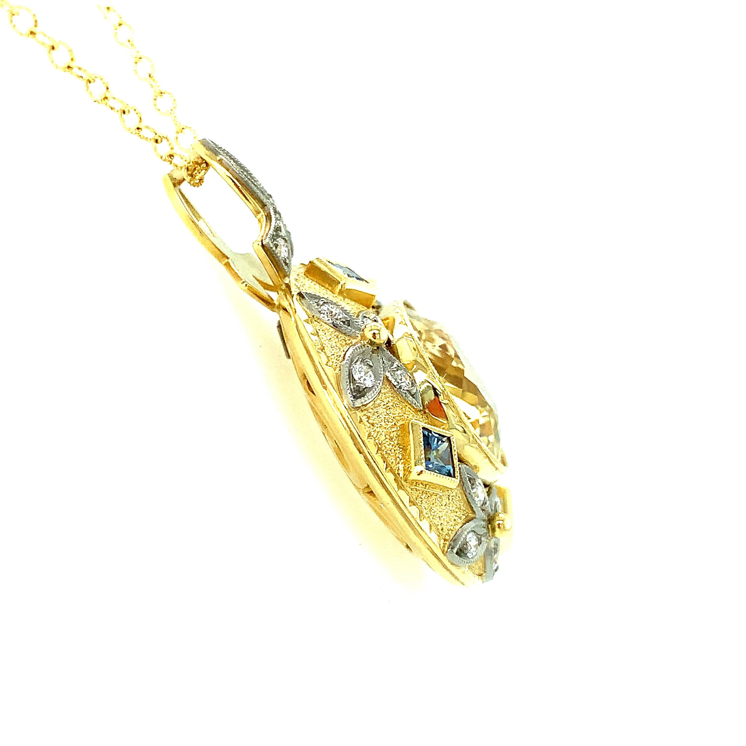 12 ct. Golden Chrysoberyl, Blue Sapphire, Diamond, Yellow, White Gold Pendant 1