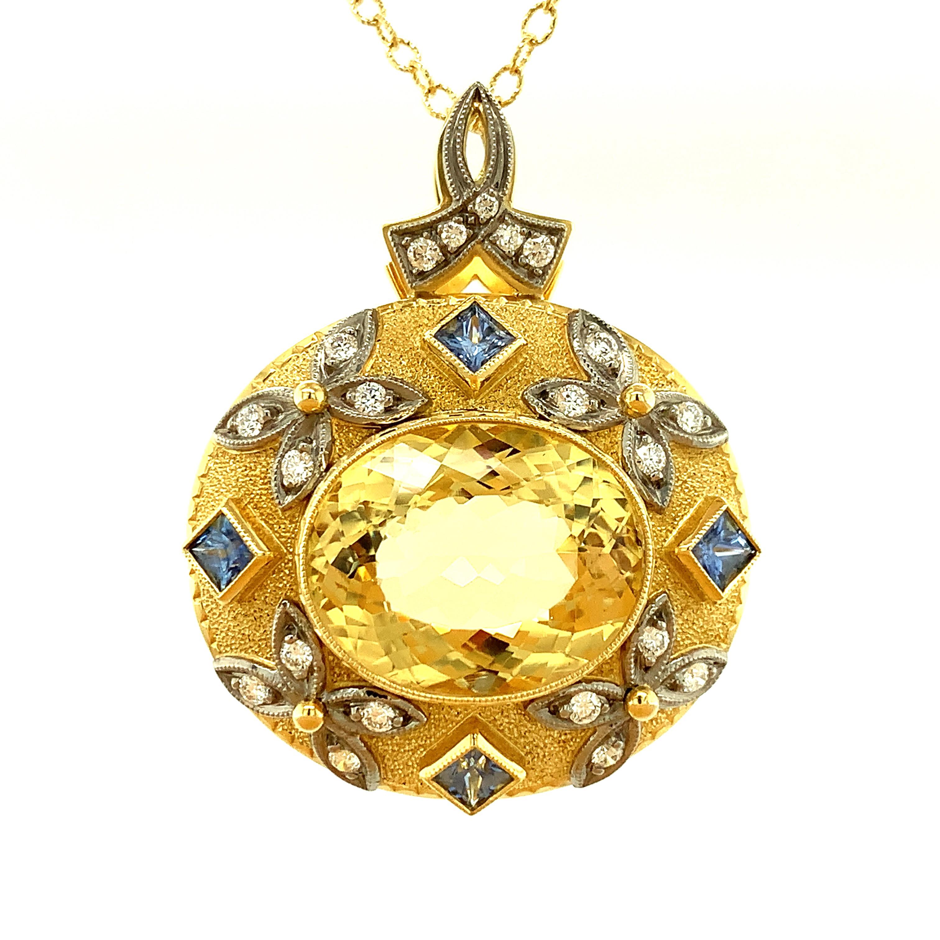 Oval Cut 12 ct. Golden Chrysoberyl, Blue Sapphire, Diamond, Yellow, White Gold Pendant
