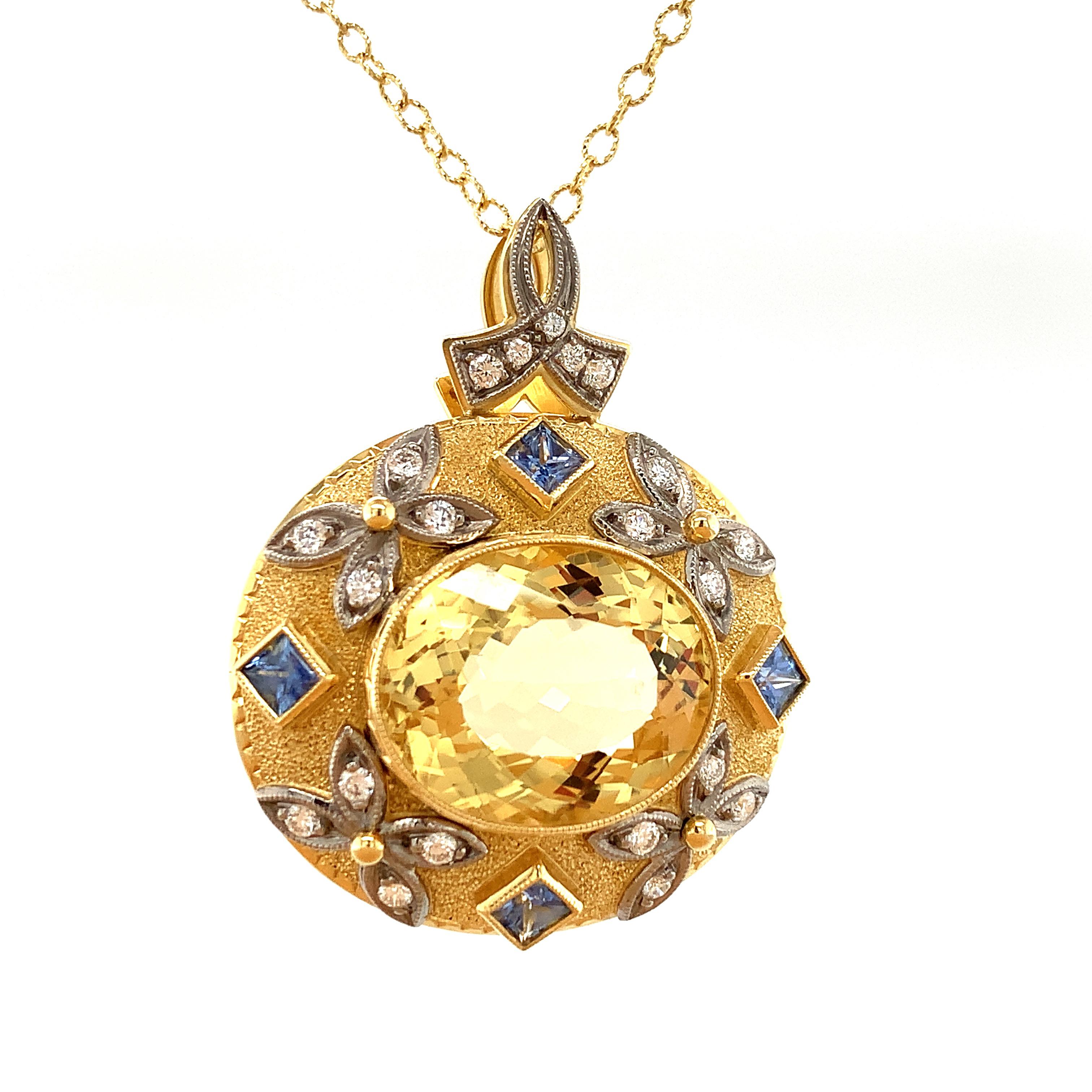 12 ct. Golden Chrysoberyl, Blue Sapphire, Diamond, Yellow, White Gold Pendant In New Condition In Los Angeles, CA