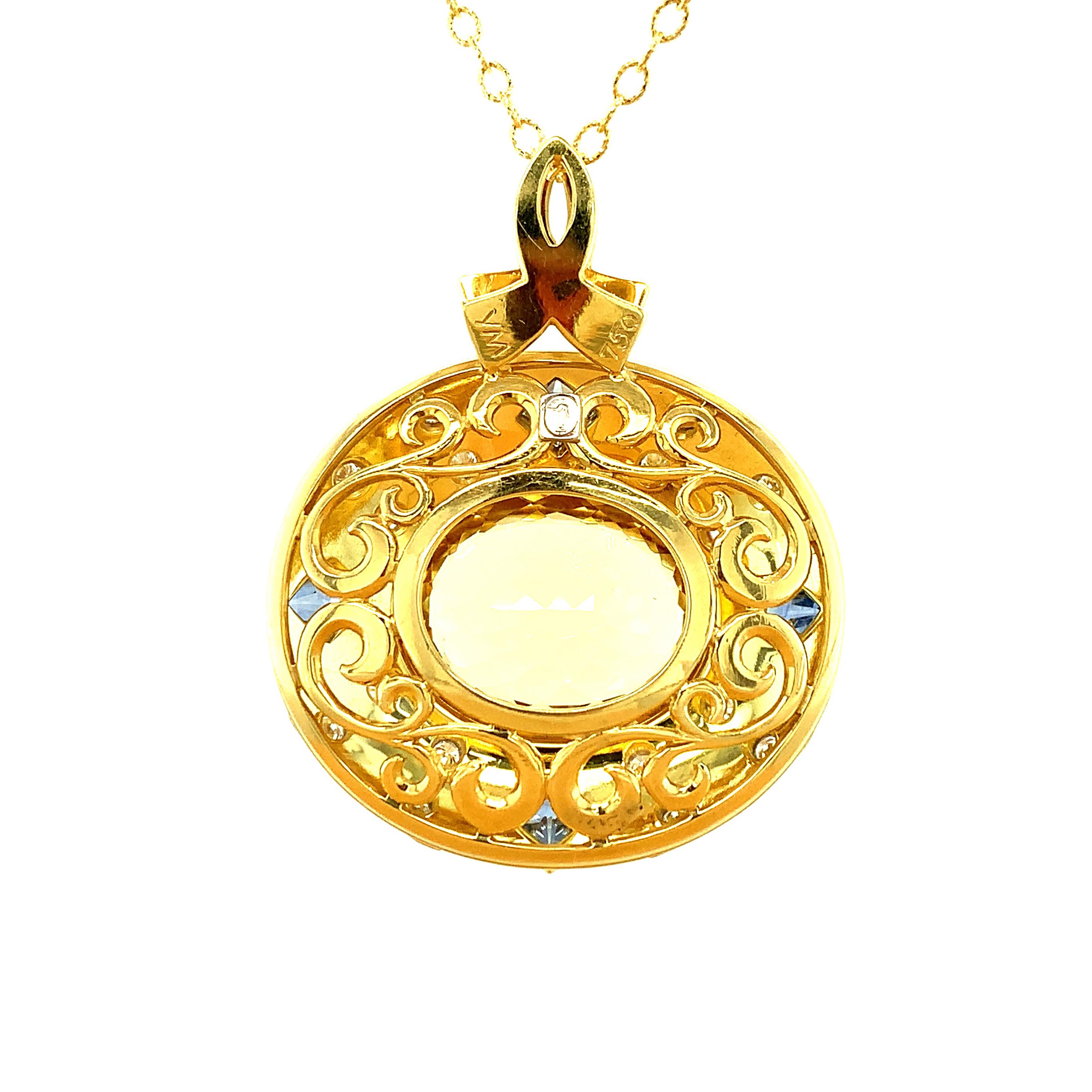 Women's or Men's 12 ct. Golden Chrysoberyl, Blue Sapphire, Diamond, Yellow, White Gold Pendant