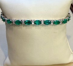 12 Ct Natural Brazilian Emerald and Diamond Tennis Bracelet 14 Karat WHITE  Gold