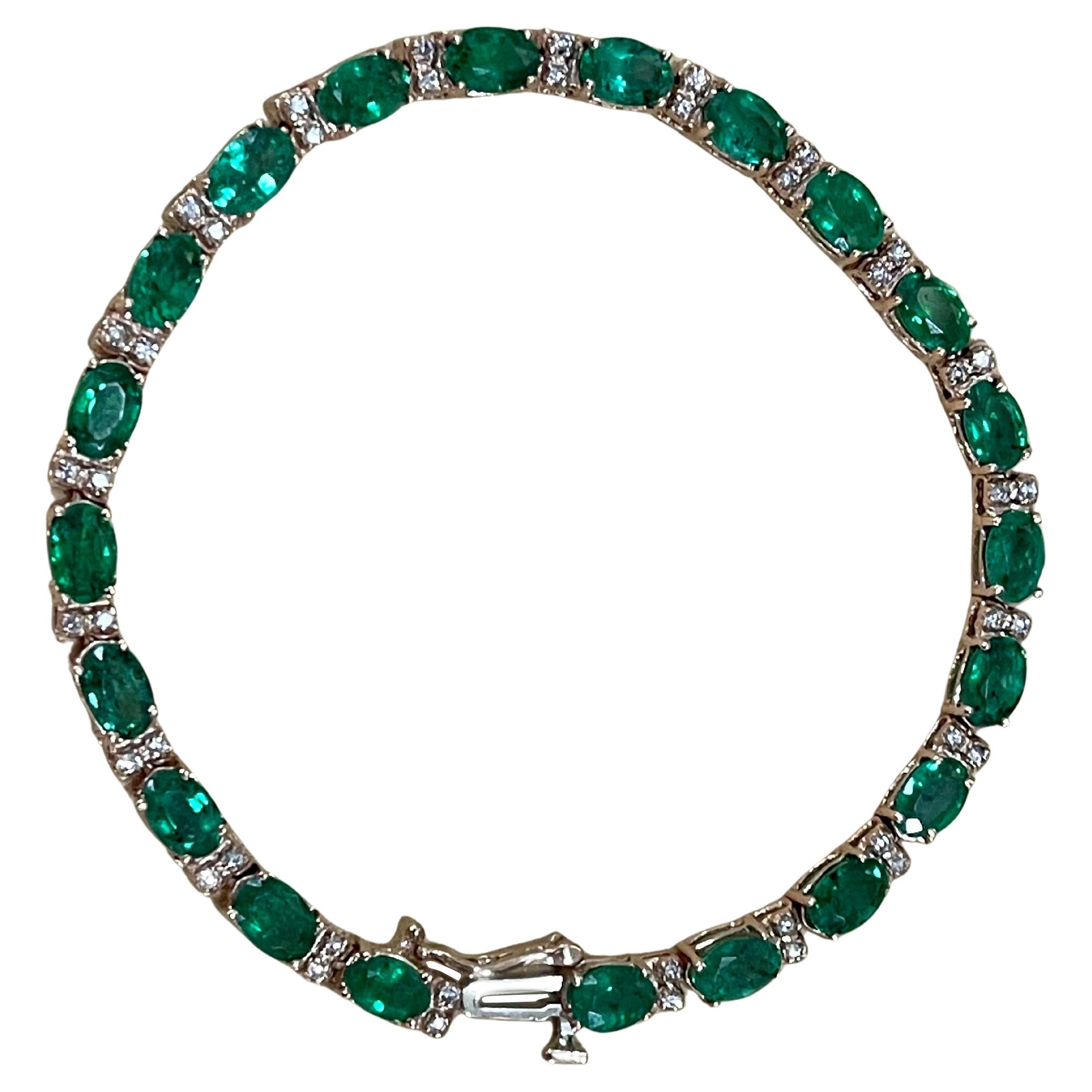 12 Ct Natural Brazilian Emerald and Diamond Tennis Bracelet 14 Karat WHITE Gold