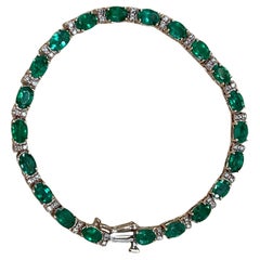 12 Ct Natural Brazilian Emerald and Diamond Tennis Bracelet 14 Karat WHITE  Gold