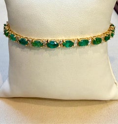 12 Ct Natural Brazilian Emerald & Diamond Tennis Bracelet 14 Karat Yellow Gold
