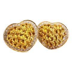12 Ct Natural Ceylon Yellow Sapphire & 2 Ct Diamond Stud Heart Earrings 18 KYG