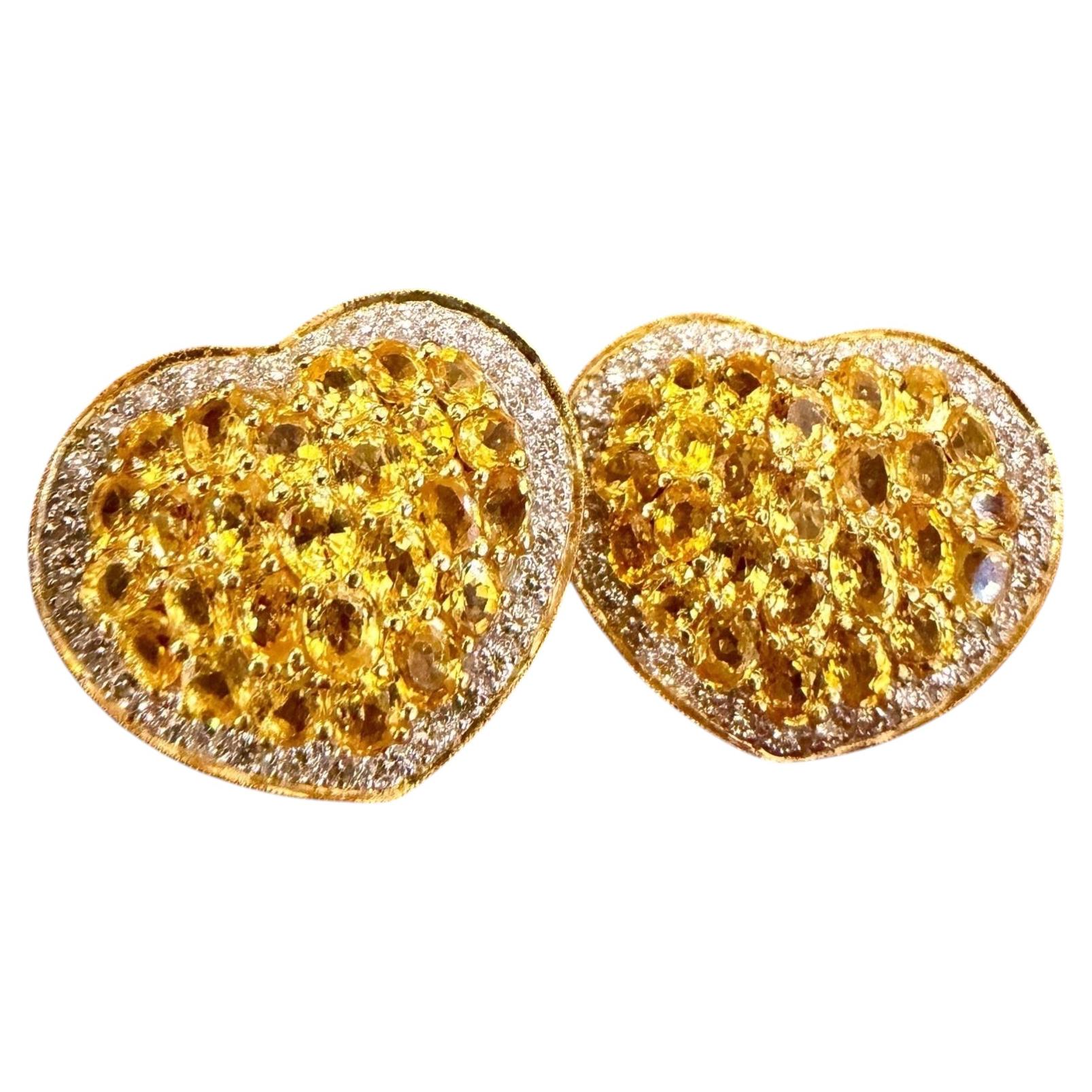 12 Karat Gelber Ceylon Saphir & 2 Karat Diamant Ohrstecker Herz 18 KYG