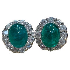 12 Ct Natural Emerald Zambia Cabochon & 4 Ct Diamond Stud Earring 14 KW Gold