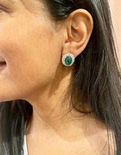 12 Ct Natural Emerald Zambia Cabochon & 4 Ct Diamond Stud Earring 14 KW Gold