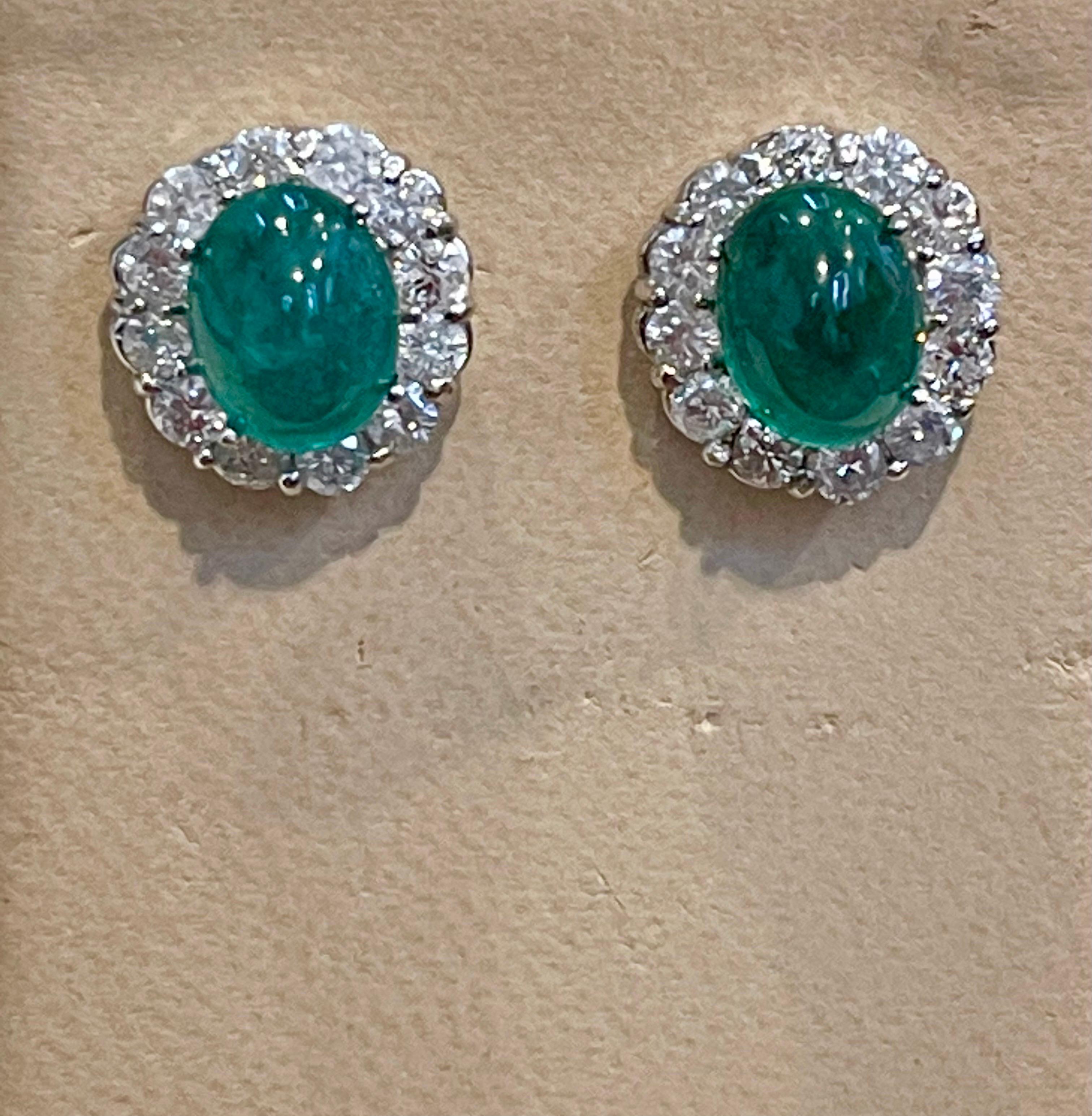 Women's 12 Ct Natural Emerald Zambia Cabochon & 4 Ct Diamond Stud Earring 14 KW Gold For Sale