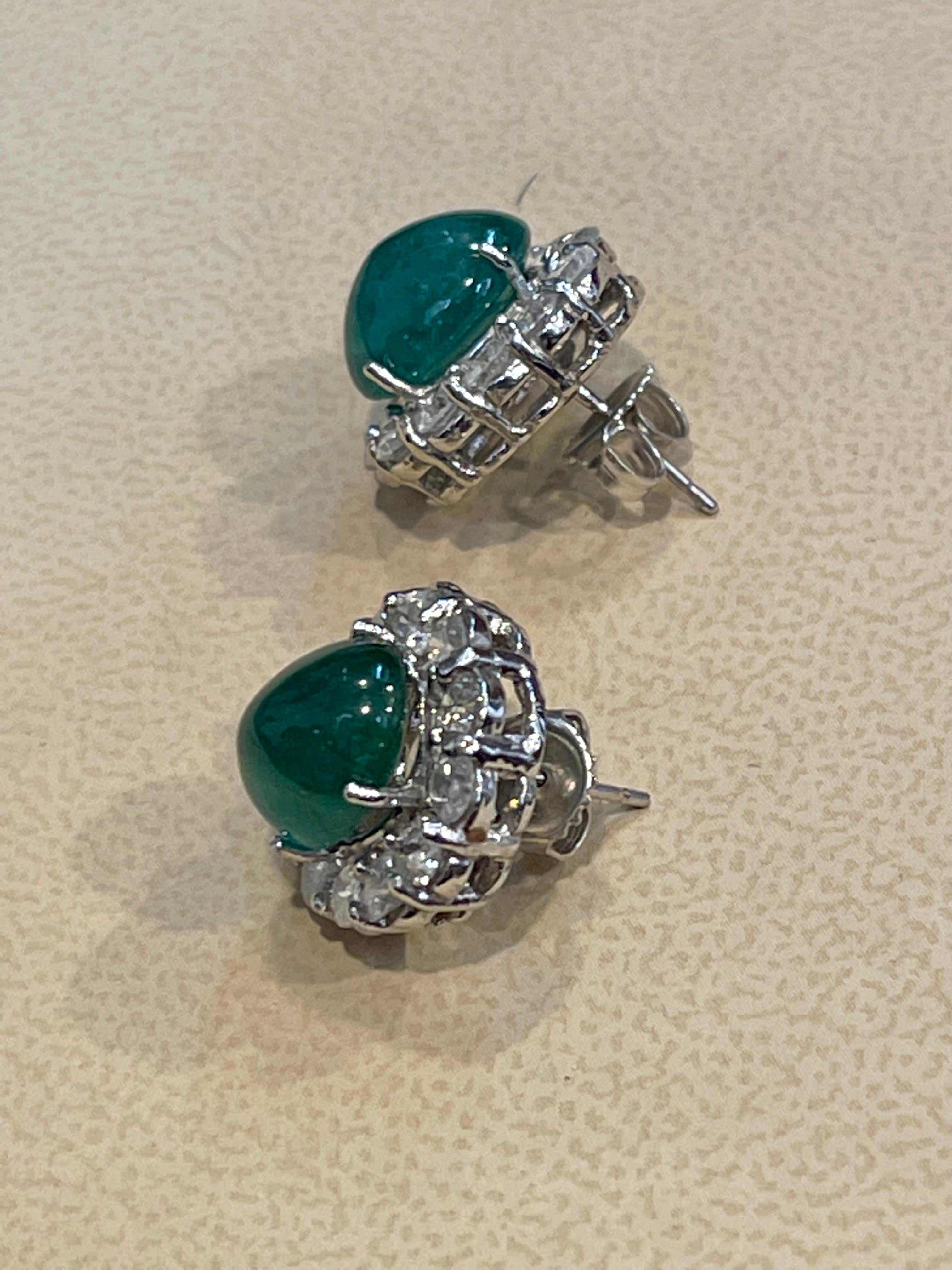 12 Ct Natural Emerald Zambia Cabochon & 4 Ct Diamond Stud Earring 14 KW Gold For Sale 1