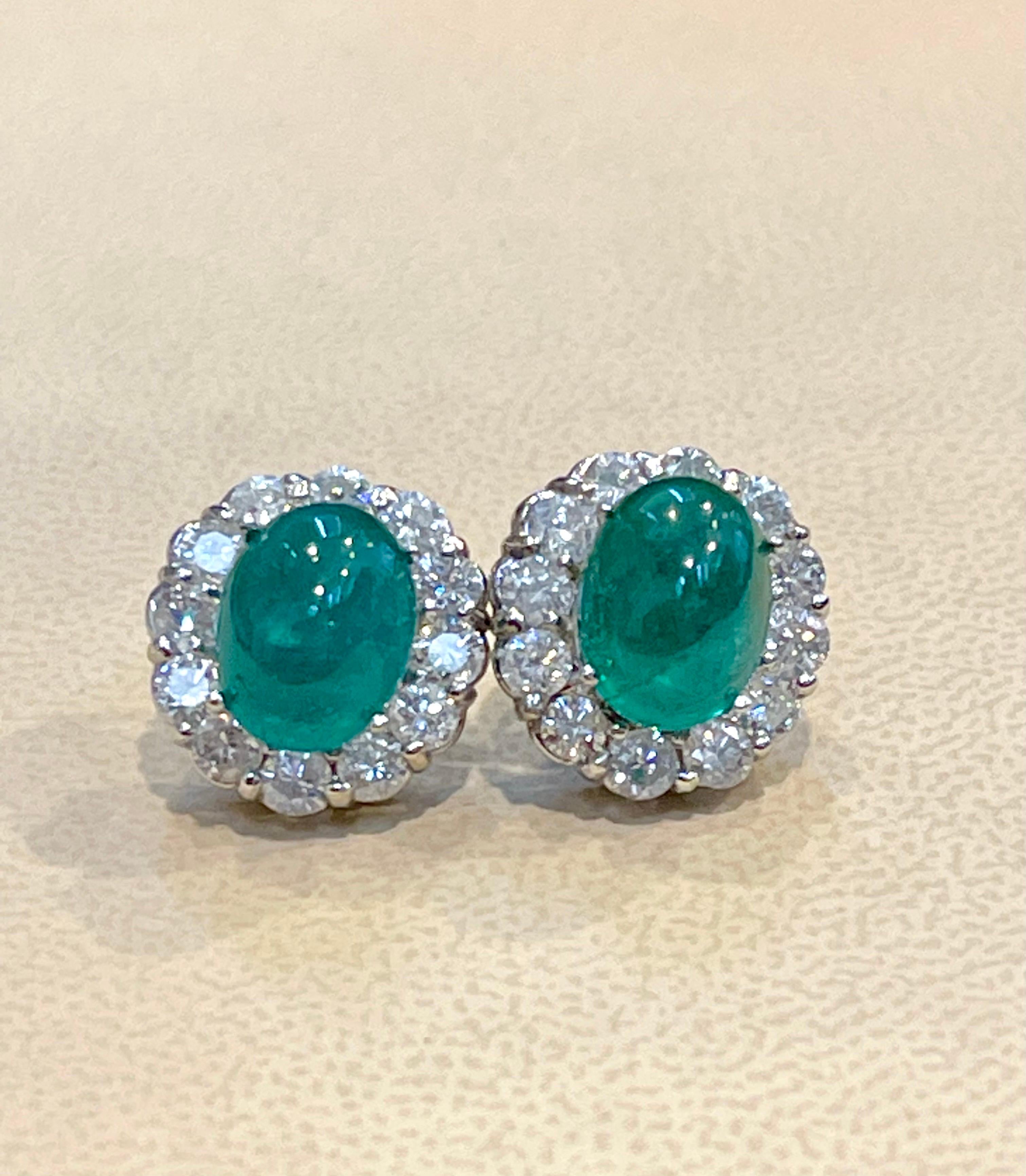12 Ct Natural Emerald Zambia Cabochon & 4 Ct Diamond Stud Earring 14 KW Gold For Sale 2