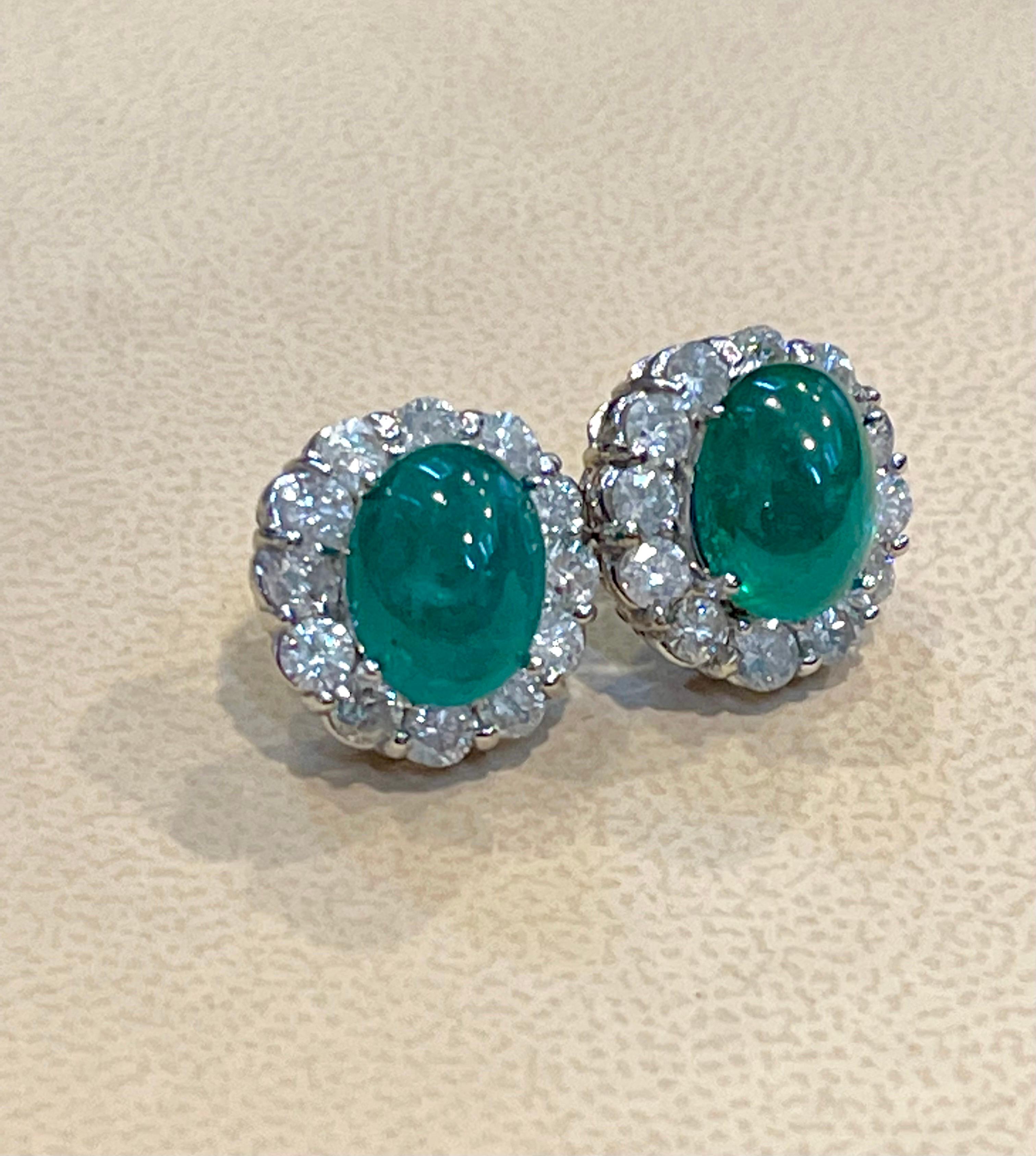 12 Ct Natural Emerald Zambia Cabochon & 4 Ct Diamond Stud Earring 14 KW Gold For Sale 3
