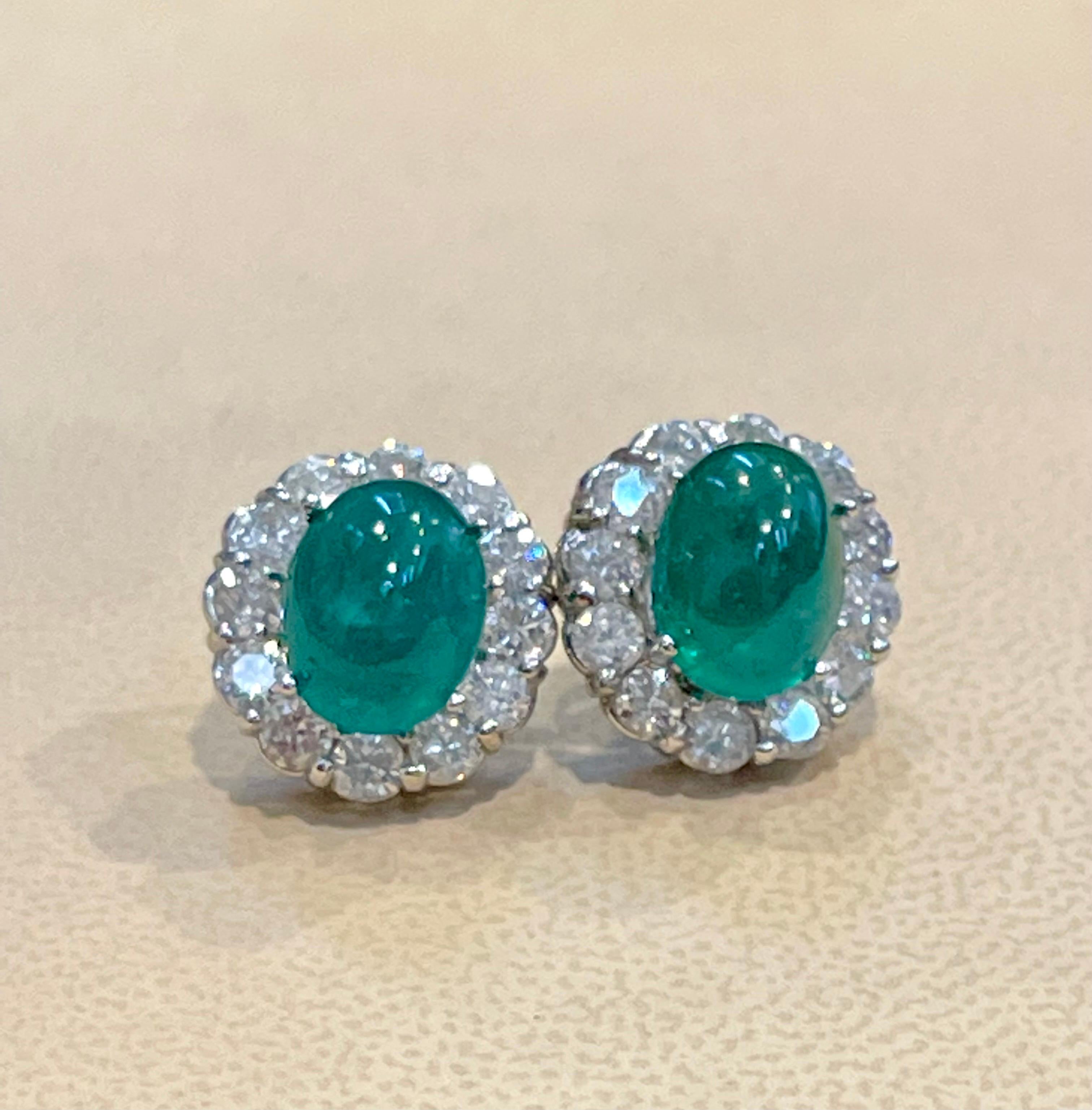 12 Ct Natural Emerald Zambia Cabochon & 4 Ct Diamond Stud Earring 14 KW Gold For Sale 4