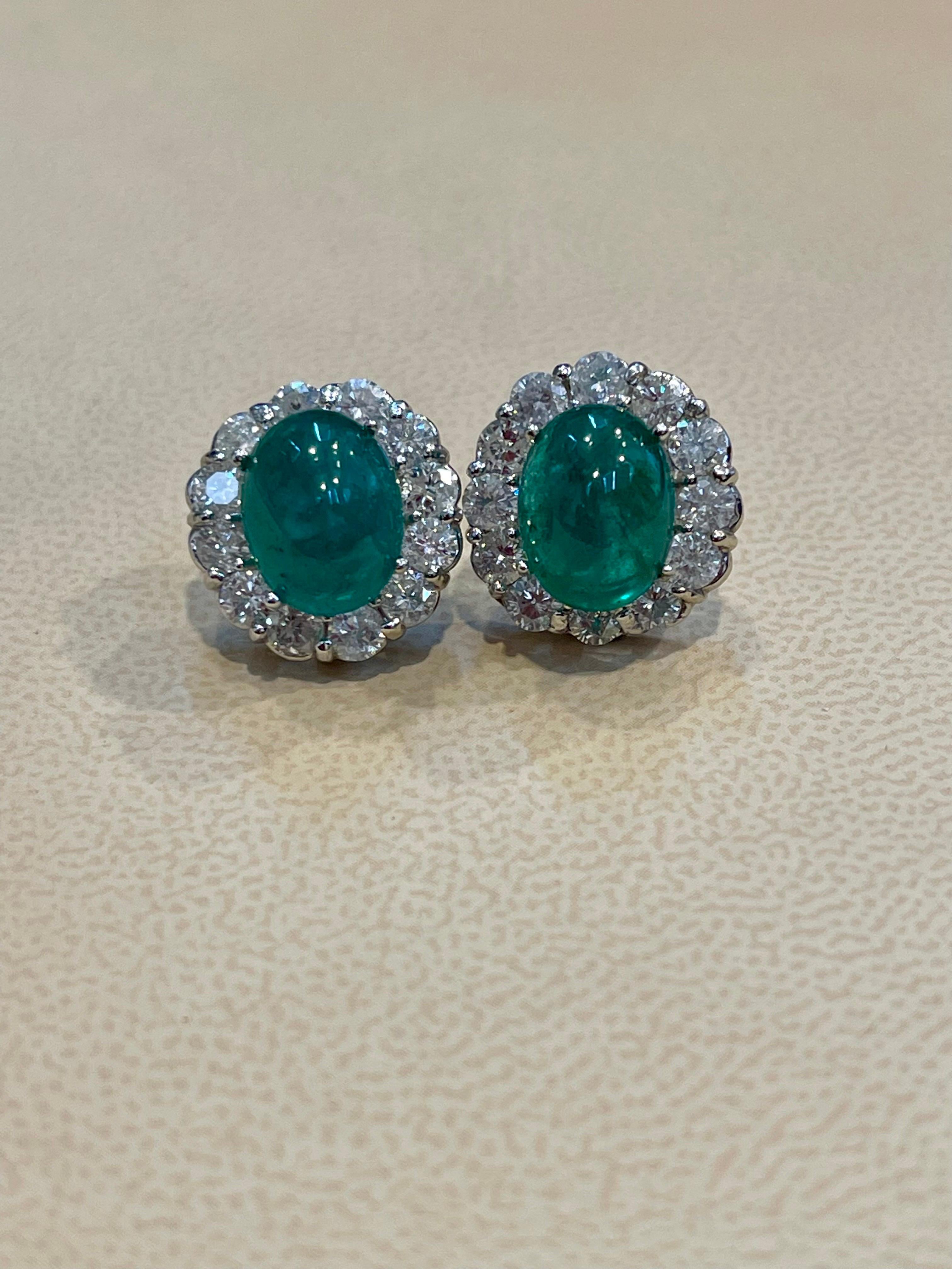 12 Ct Natural Emerald Zambia Cabochon & 4 Ct Diamond Stud Earring 14 KW Gold For Sale 5