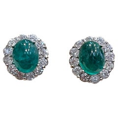 12 Ct Natural Emerald Zambia Cabochon & 4 Ct Diamond Stud Earring 14 KW Gold