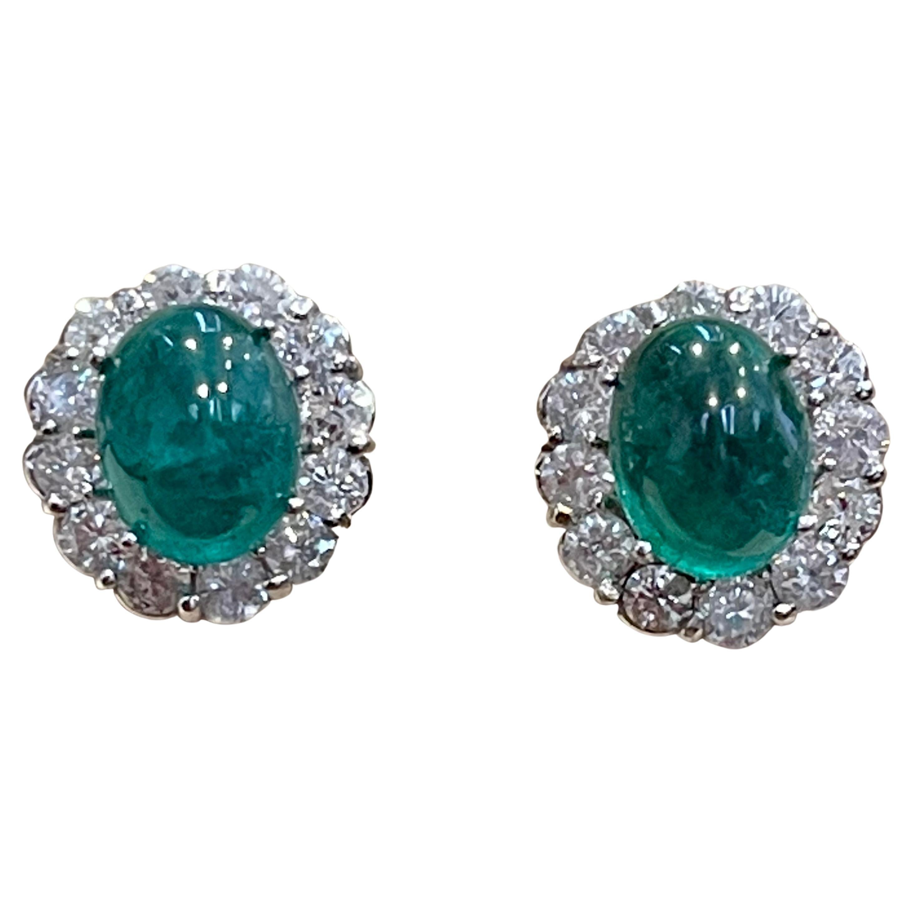 12 Ct Natural Emerald Zambia Cabochon & 4 Ct Diamond Stud Earring 14 KW Gold
