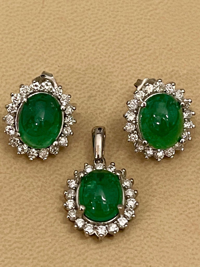 12 Ct Natural Emerald Zambia Cabochon and Diamond Stud Earring 14 Karat  White Gold For Sale at 1stDibs