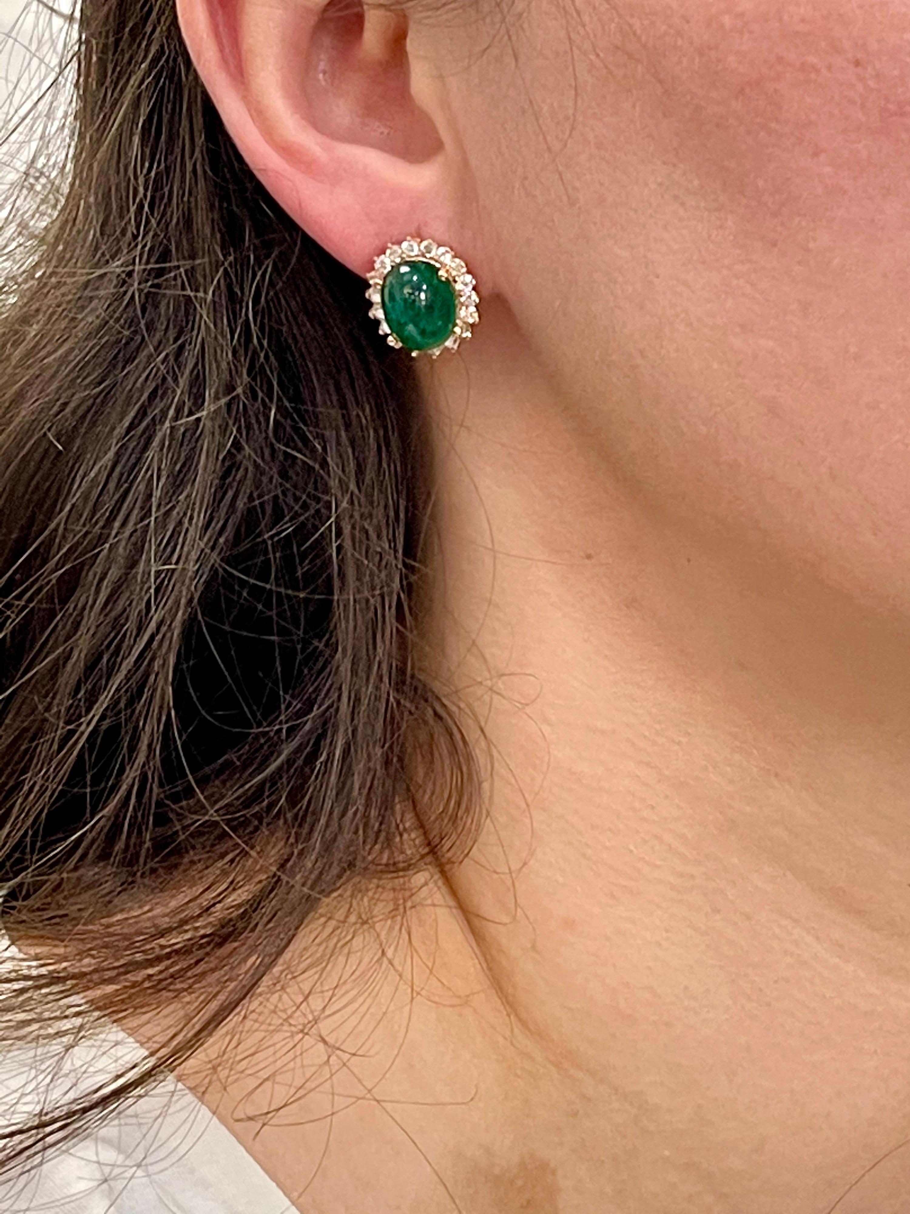 12 Ct Natural Emerald Zambia Cabochon & Diamond Stud Earring 14 Karat White Gold For Sale 12