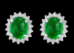 12 Ct Natural Emerald Zambia Cabochon & Diamond Stud Earring 14 Karat White Gold