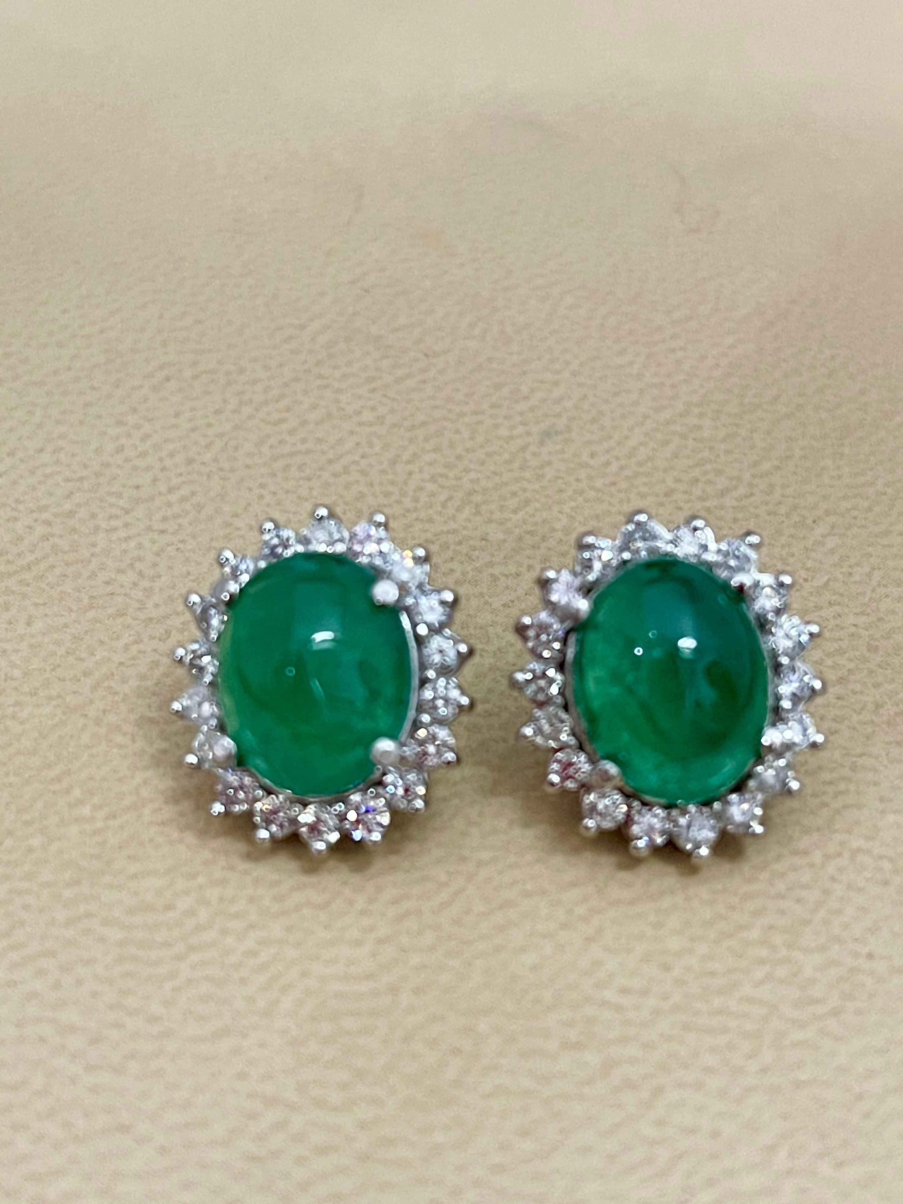 Women's 12 Ct Natural Emerald Zambia Cabochon & Diamond Stud Earring 14 Karat White Gold For Sale