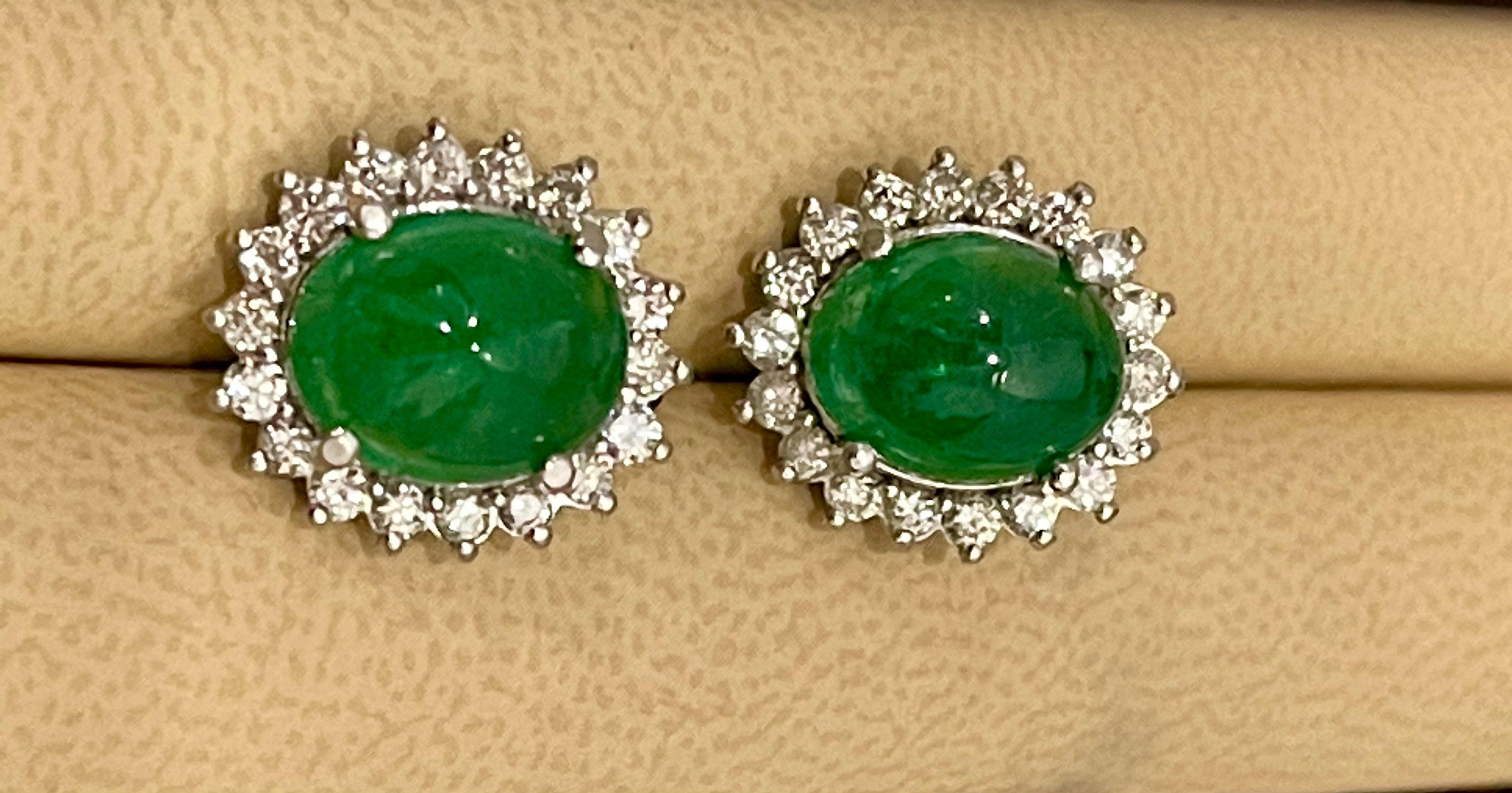 12 Ct Natural Emerald Zambia Cabochon & Diamond Stud Earring 14 Karat White Gold For Sale 1