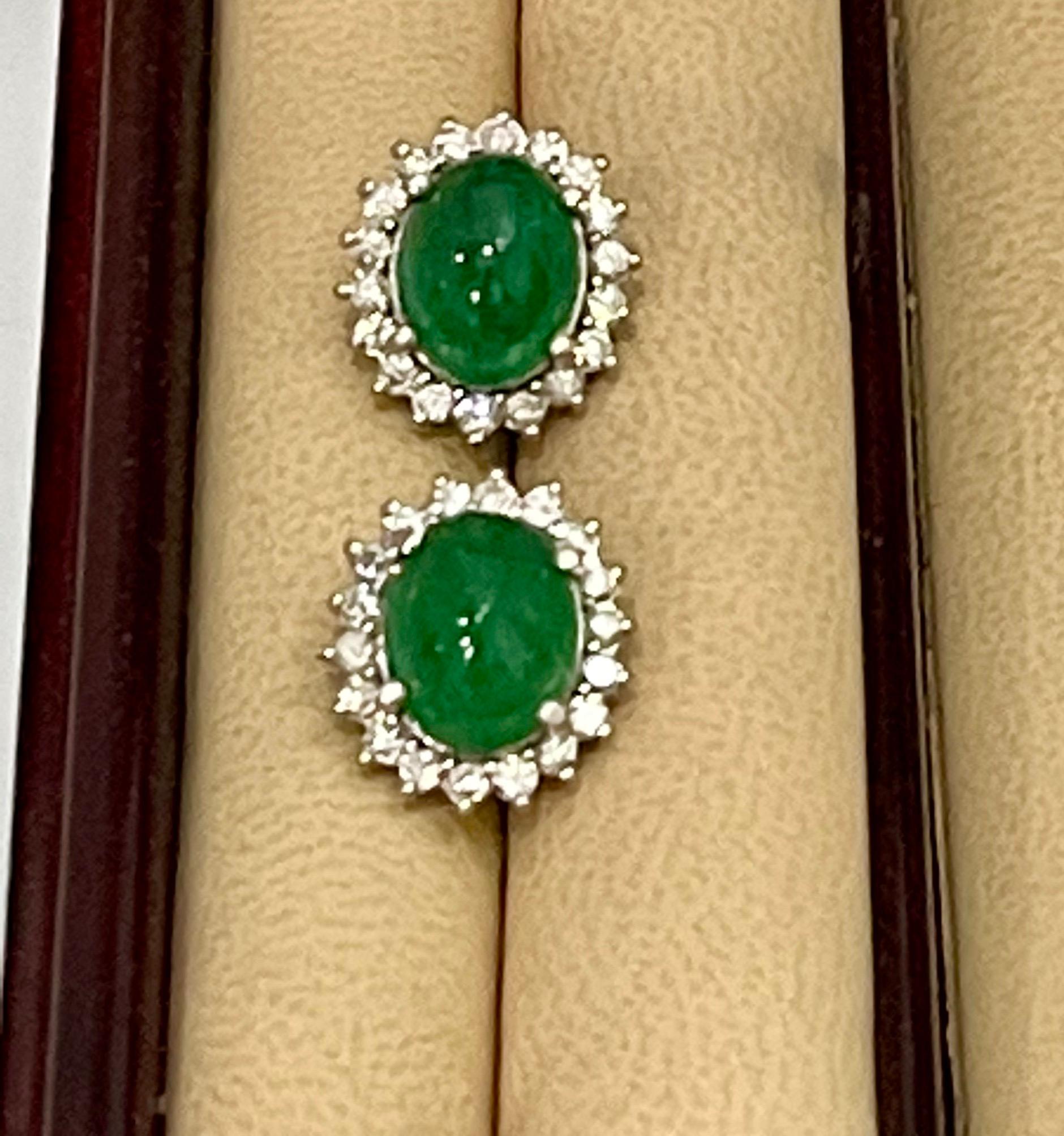 12 Ct Natural Emerald Zambia Cabochon & Diamond Stud Earring 14 Karat White Gold For Sale 3