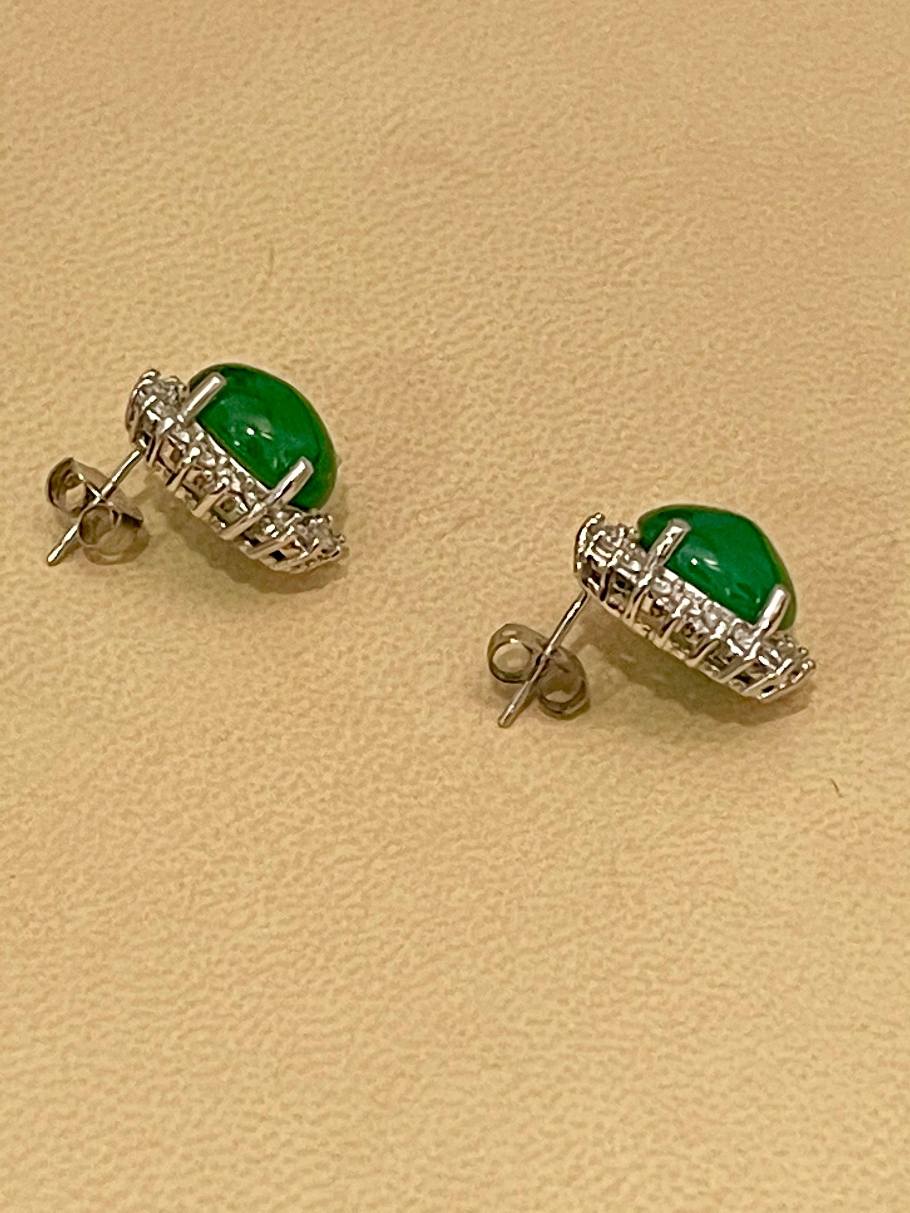 12 Ct Natural Emerald Zambia Cabochon & Diamond Stud Earring 14 Karat White Gold For Sale 4