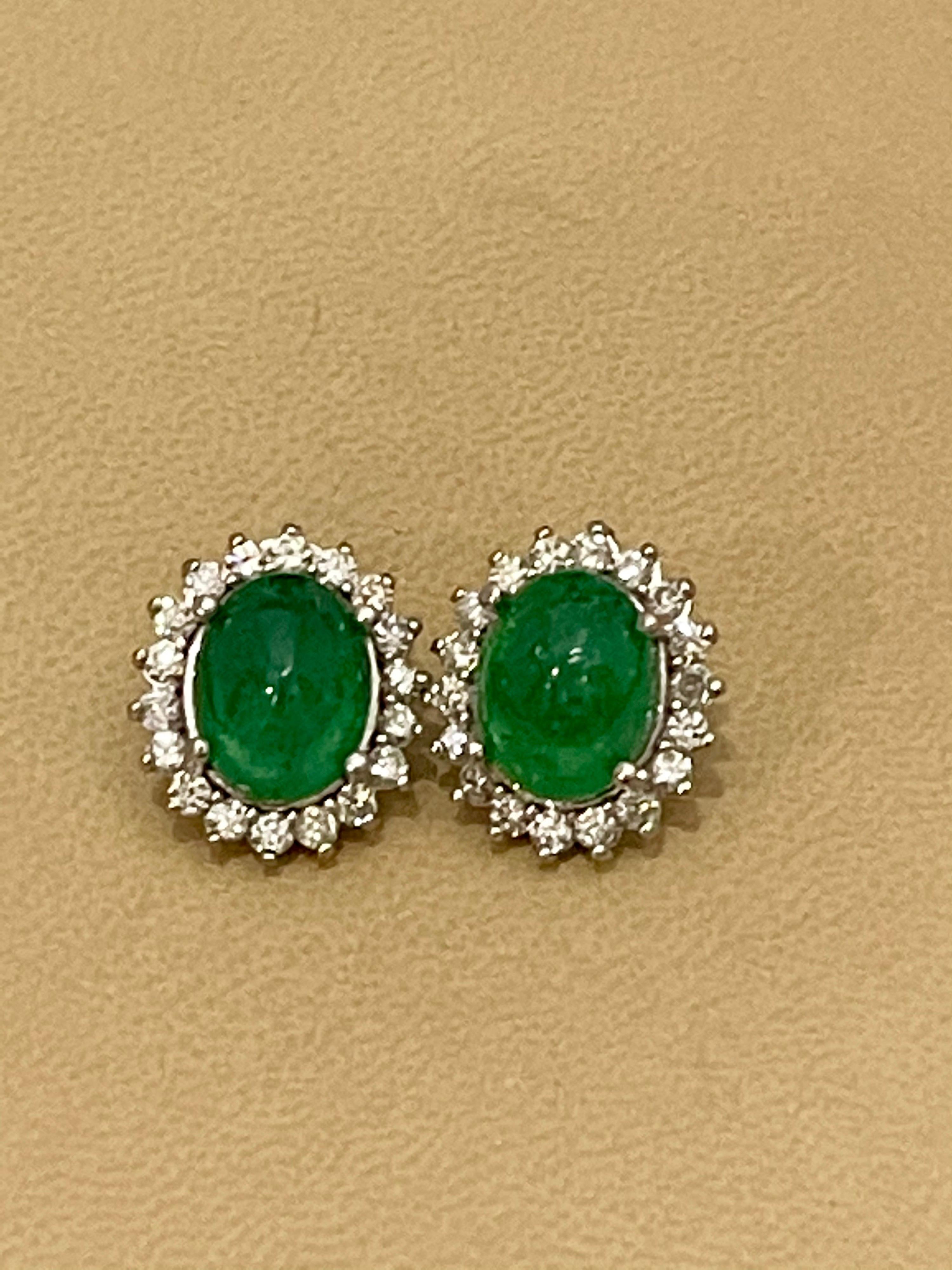 12 Ct Natural Emerald Zambia Cabochon & Diamond Stud Earring 14 Karat White Gold For Sale 5